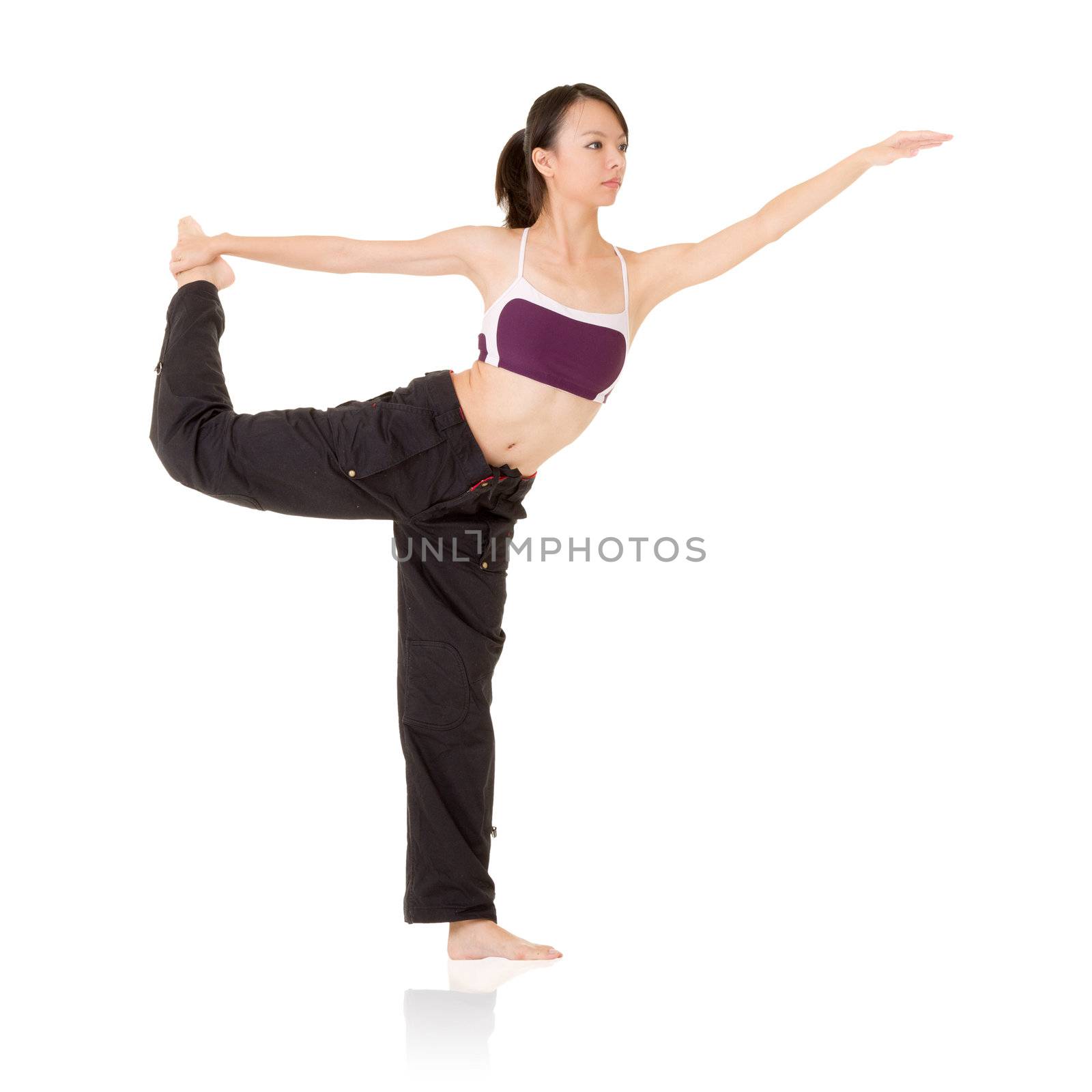 Professional yoga woman exercising, full length portrait isolated on white background.