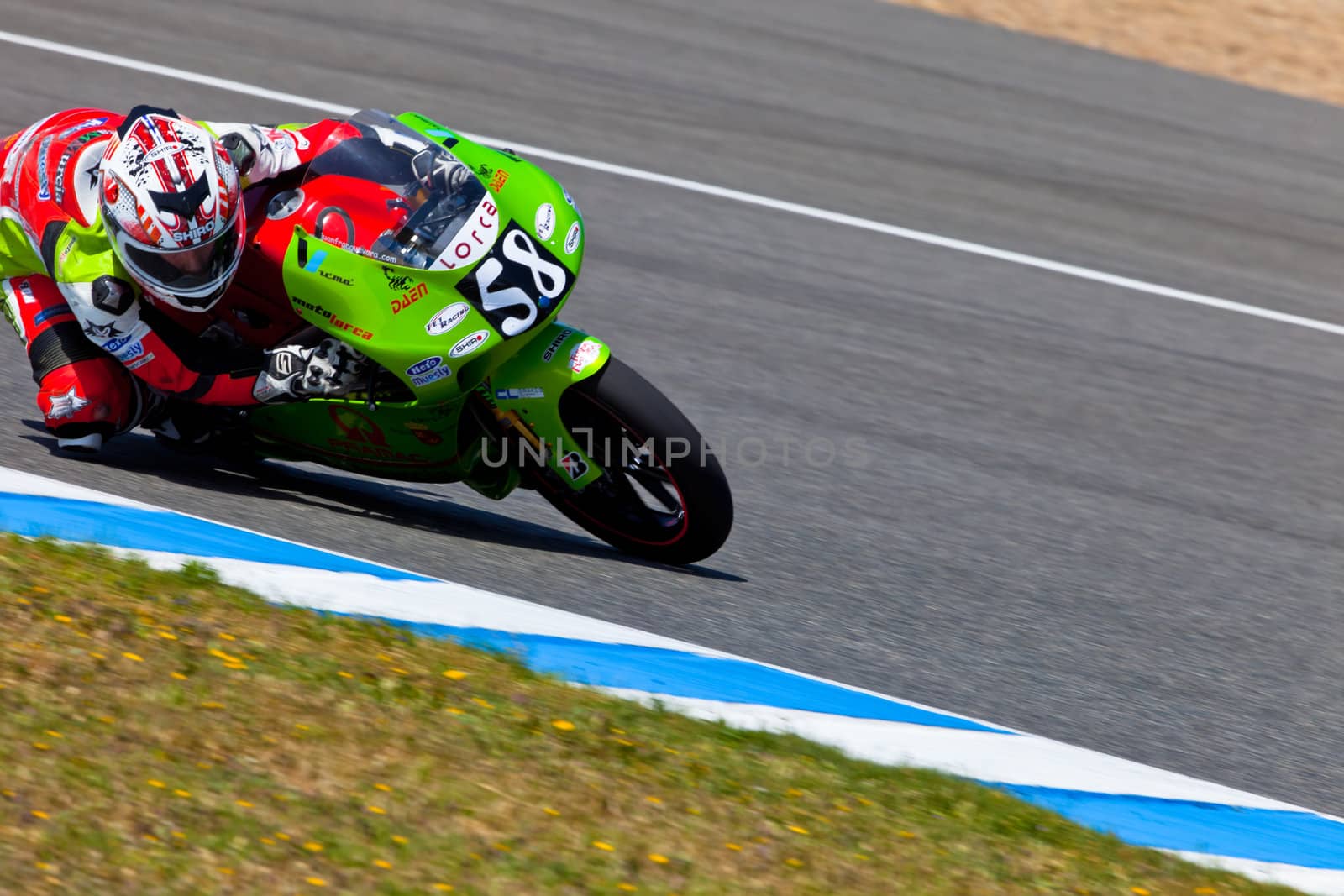 JEREZ DE LA FRONTERA, SPAIN - APR 17: 125cc motorcyclist Juanfran Guevara takes a curve in the CEV Championship race on April 17, 2011 in Jerez de la Frontera, Spain.