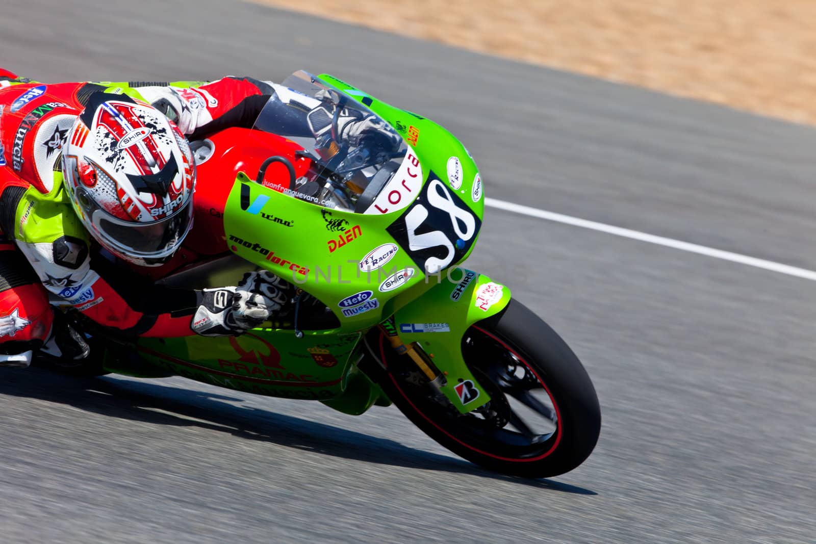 JEREZ DE LA FRONTERA, SPAIN - APR 17: 125cc motorcyclist Juanfran Guevara takes a curve in the CEV Championship race on April 17, 2011 in Jerez de la Frontera, Spain.