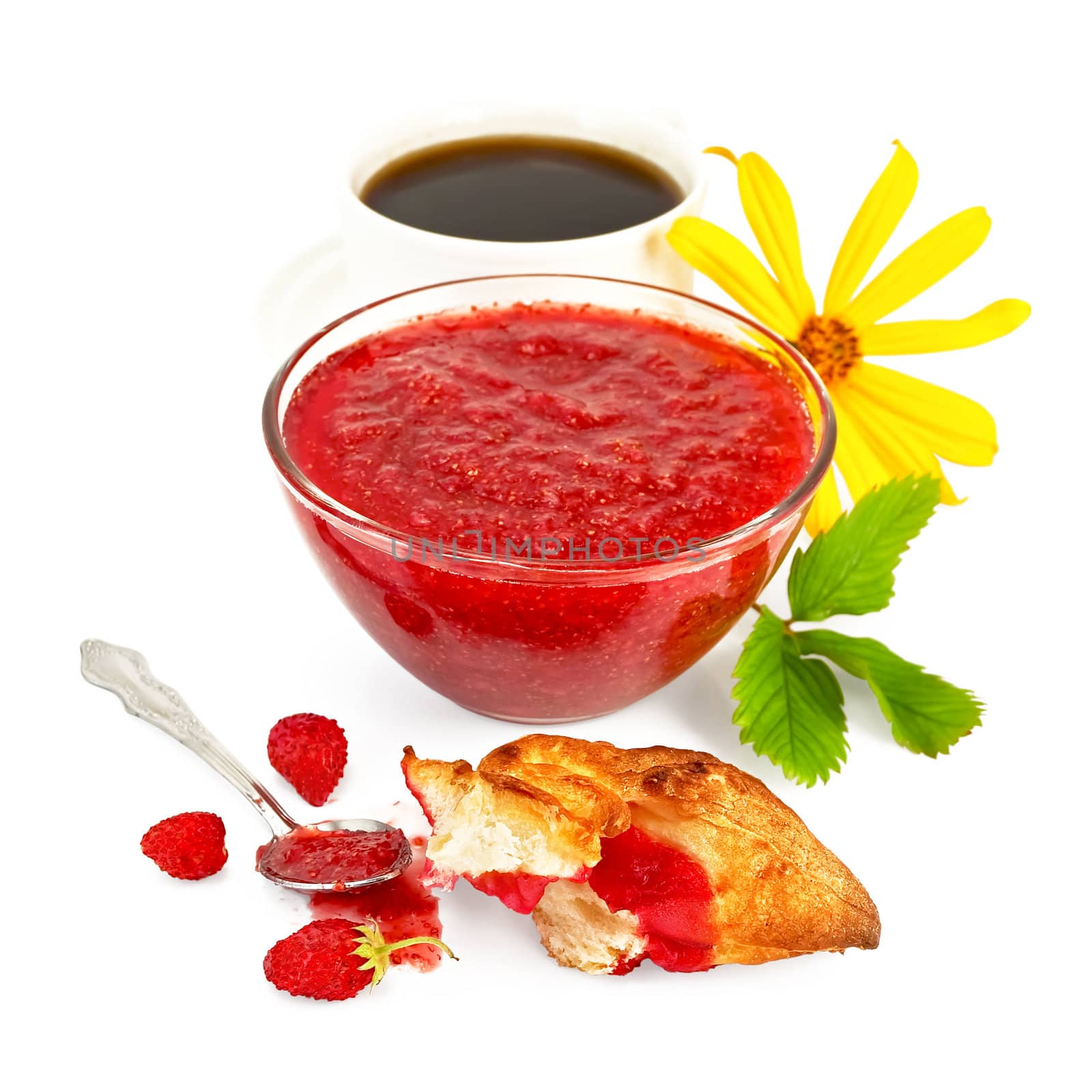 Strawberry jam in a glass bowl, a spoon, three strawberries, green leaves, yellow flowers and white porcelain cup of coffee isolated on white background