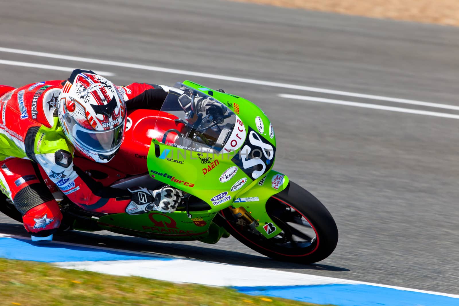 JEREZ DE LA FRONTERA, SPAIN - APR 17: 125cc motorcyclist Juanfran Guevara takes a curve in the CEV Championship race on April 17, 2011 in Jerez de la Frontera, Spain.
