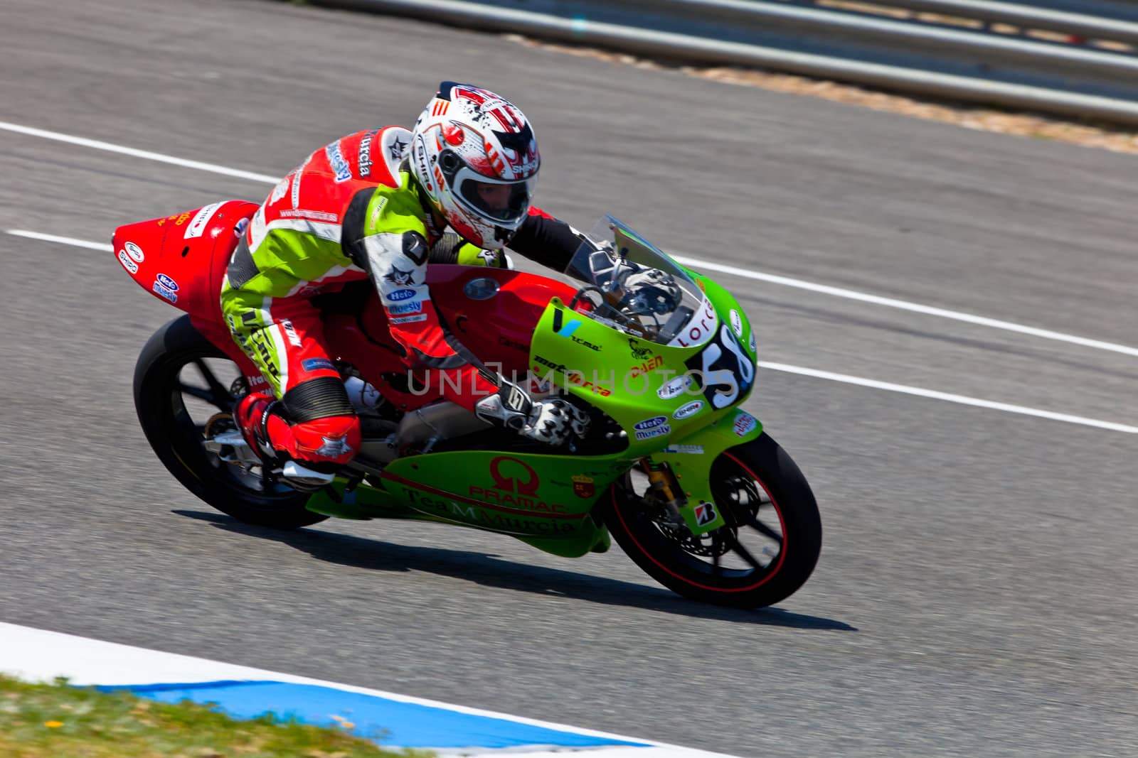 JEREZ DE LA FRONTERA, SPAIN - APR 17: 125cc motorcyclist Juanfran Guevara takes a curve in the CEV Championship race on April 17, 2011 in Jerez de la Frontera, Spain.