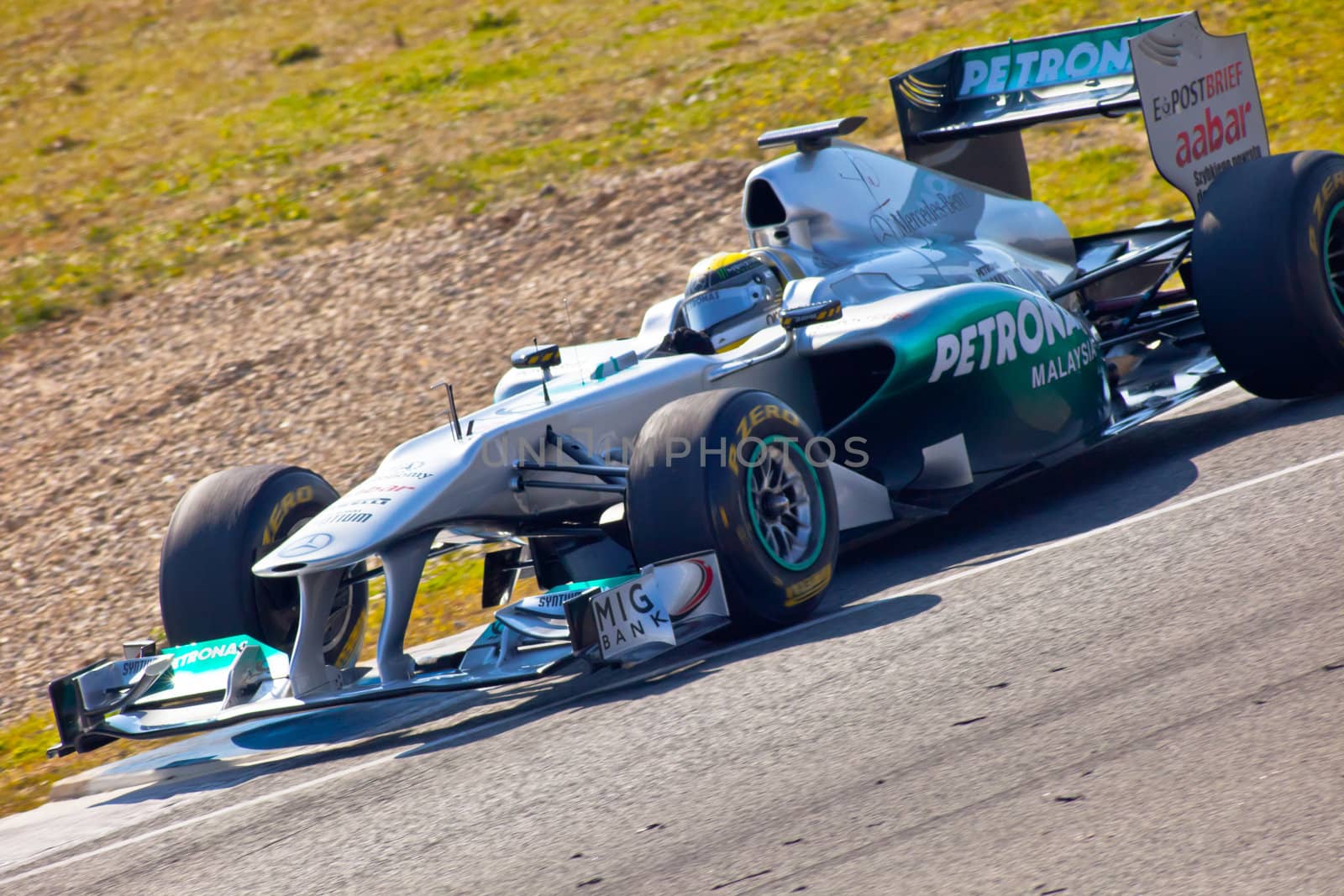 JEREZ DE LA FRONTERA, SPAIN - FEB 10: Nico Rosberg of Mercedes F1 races on training session on February 10 , 2011, in Jerez de la Frontera , Spain