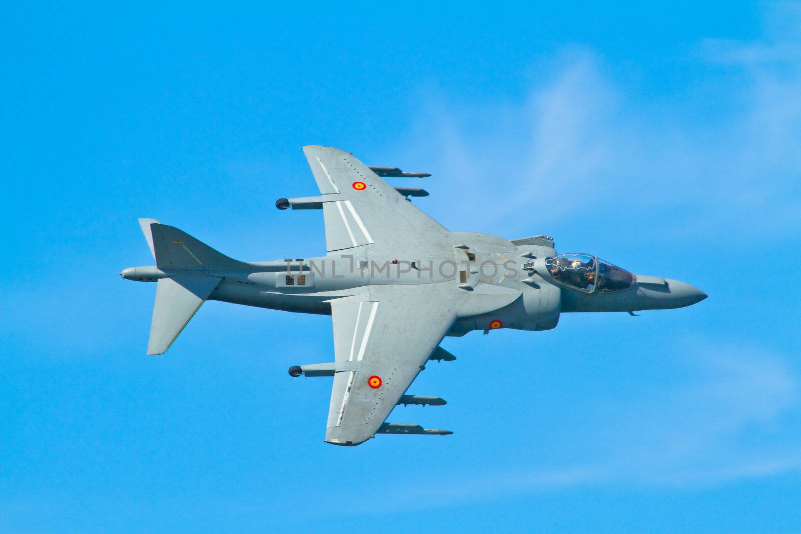 CADIZ, SPAIN-SEP 9: Aircraft AV-8B Harrier Plus taking part in a test on the 4th airshow of Cadiz on Sep 9, 2011, in Cadiz, Spain