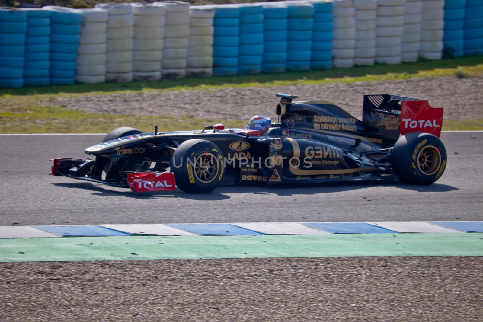 JEREZ DE LA FRONTERA, SPAIN - FEB 10: Vitaly Petrov of Lotus Renault F1 races on training session on February 10 , 2011, in Jerez de la Frontera , Spain
