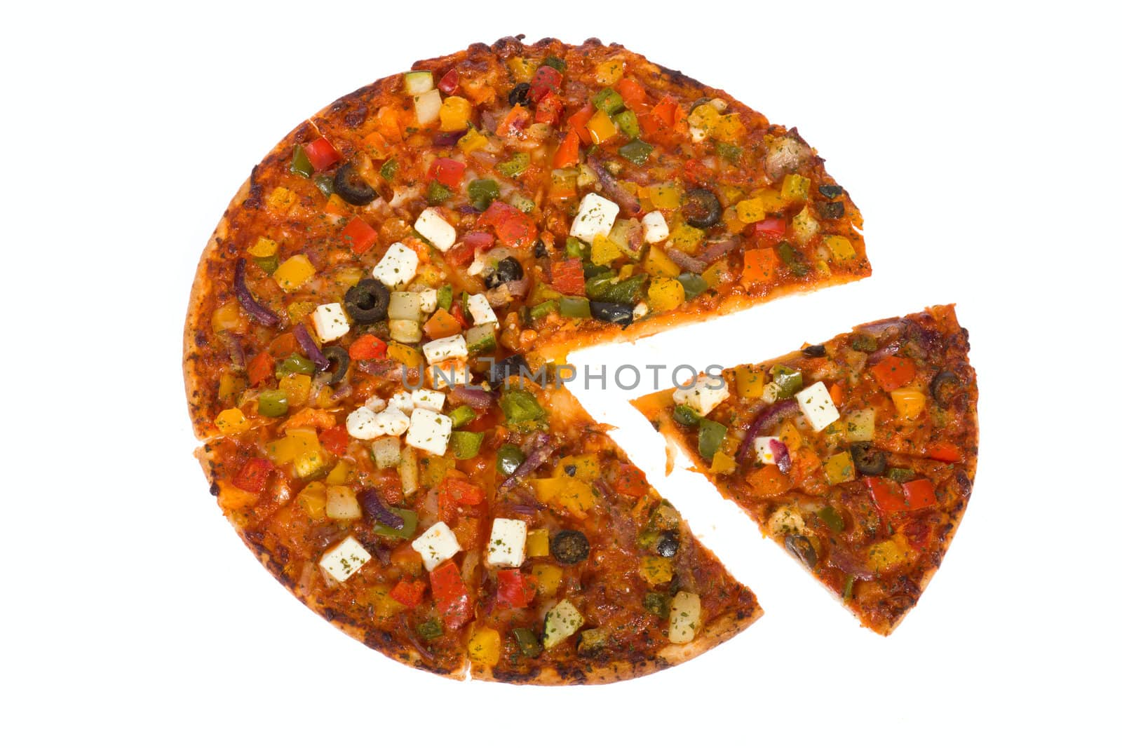 vegetarian pizza, photo on the white background 