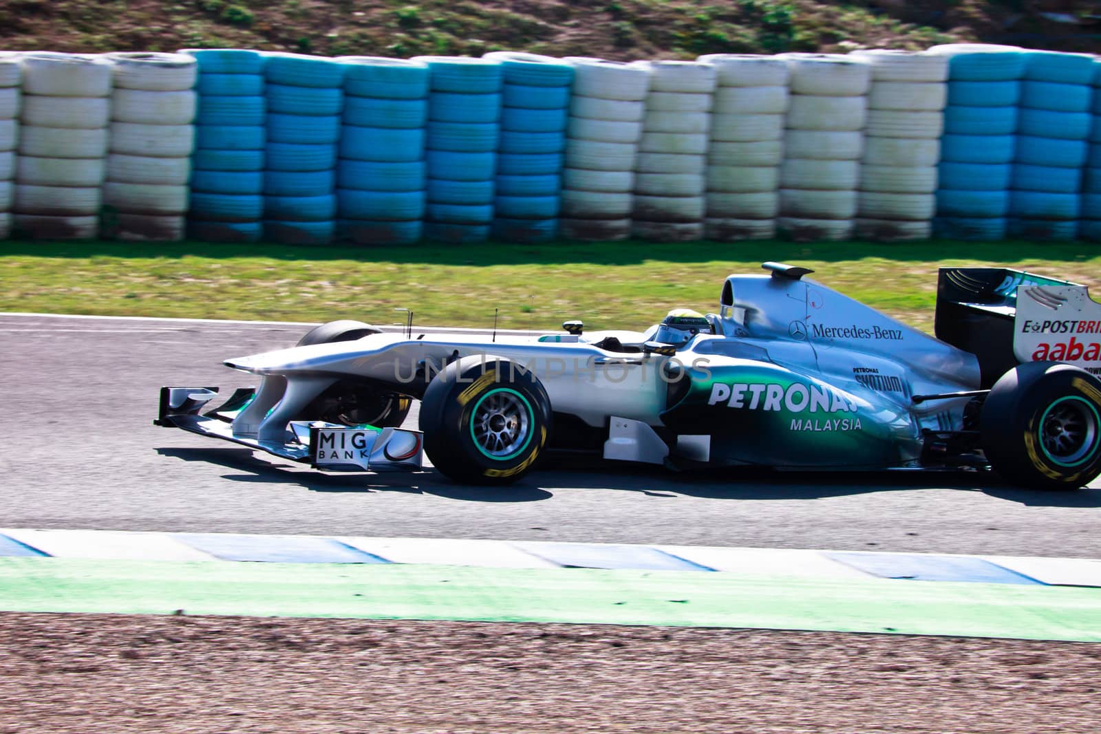 JEREZ DE LA FRONTERA, SPAIN - FEB 10: Nico Rosberg of Mercedes F1 races on training session on February 10 , 2011, in Jerez de la Frontera , Spain