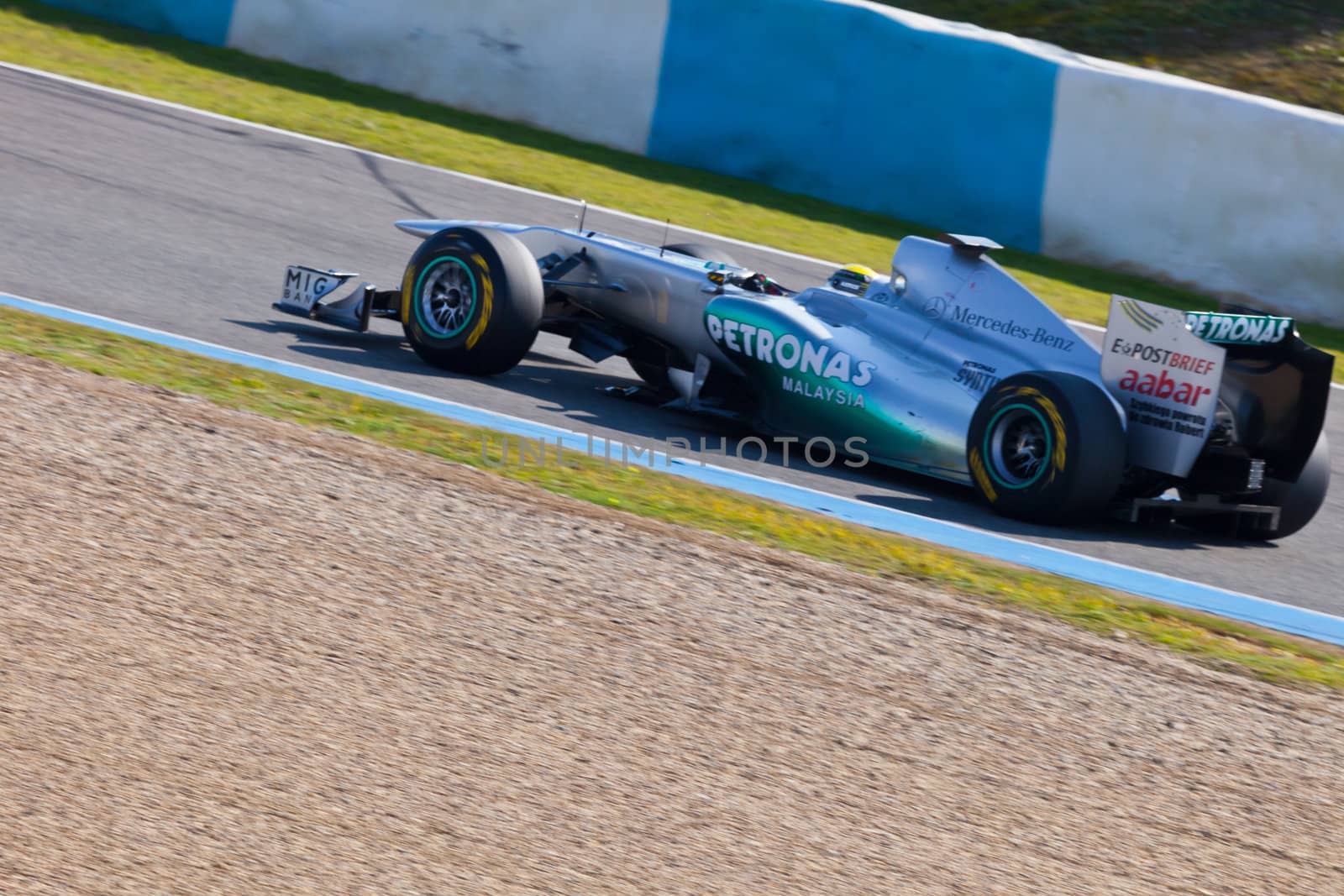 JEREZ DE LA FRONTERA, SPAIN - FEB 10: Nico Rosberg of Mercedes F1 races on training session on February 10 , 2011, in Jerez de la Frontera , Spain