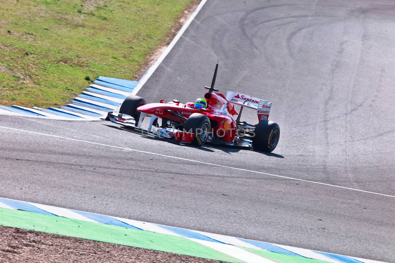 JEREZ DE LA FRONTERA, SPAIN - FEB 10: Felipe Massa of Ferrari F1 races on training session on February 10 , 2011, in Jerez de la Frontera , Spain