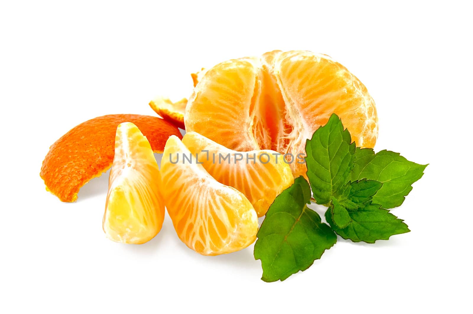 Half peeled mandarin, three slices of mandarin, mint sprig isolated on a white background