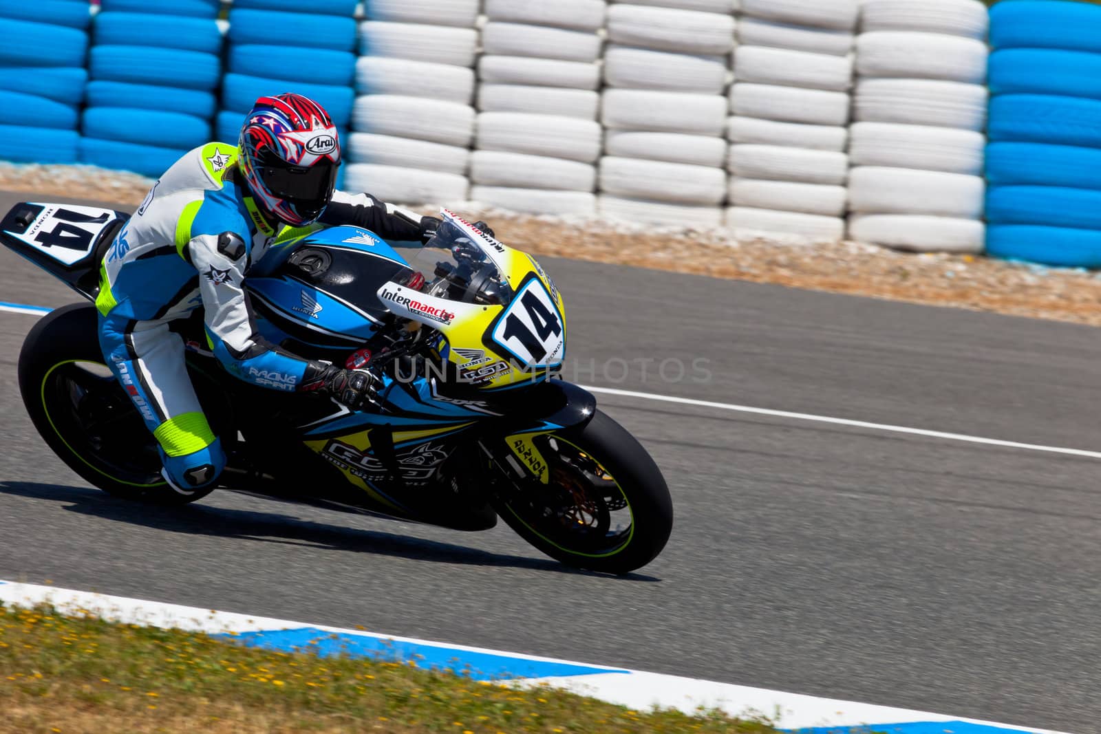 JEREZ DE LA FRONTERA, SPAIN - APR 17: Stock Extreme motorcyclist Alexandre Praud takes a curve in the CEV Championship race on April 17, 2011 in Jerez de la Frontera, Spain