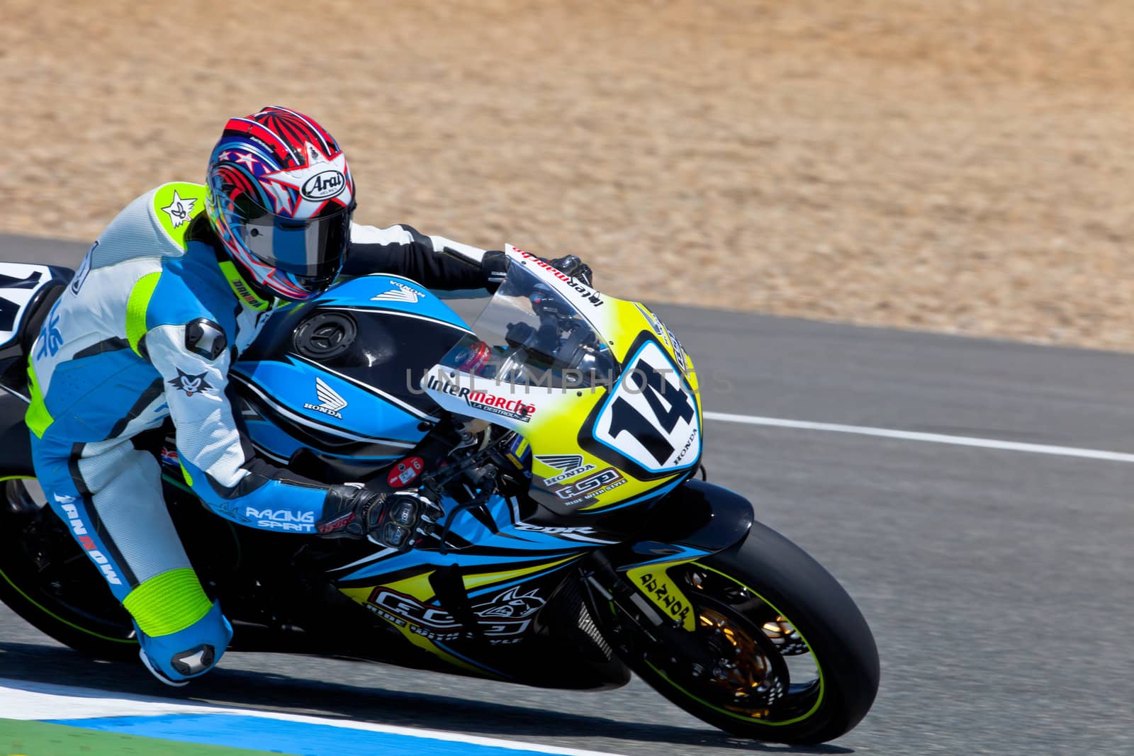JEREZ DE LA FRONTERA, SPAIN - APR 17: Stock Extreme motorcyclist Alexandre Praud takes a curve in the CEV Championship race on April 17, 2011 in Jerez de la Frontera, Spain