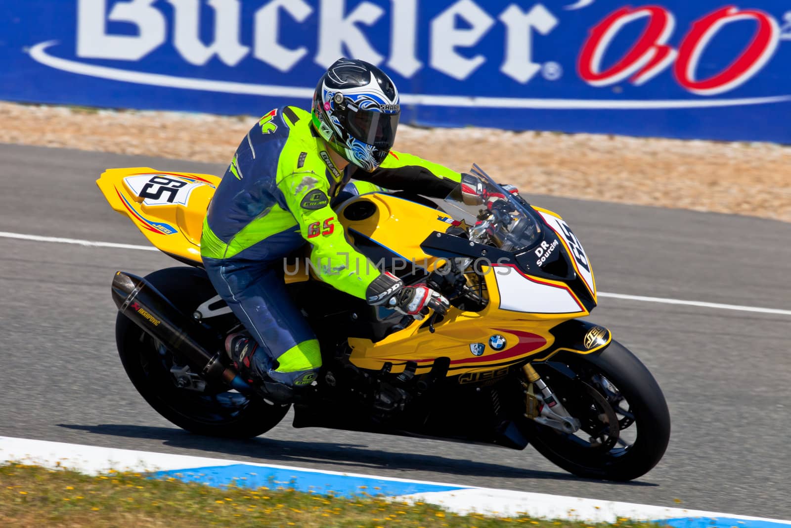 JEREZ DE LA FRONTERA, SPAIN - APR 17: Stock Extreme motorcyclist Juan Eric Gomez takes a curve in the CEV Championship race on April 17, 2011 in Jerez de la Frontera, Spain