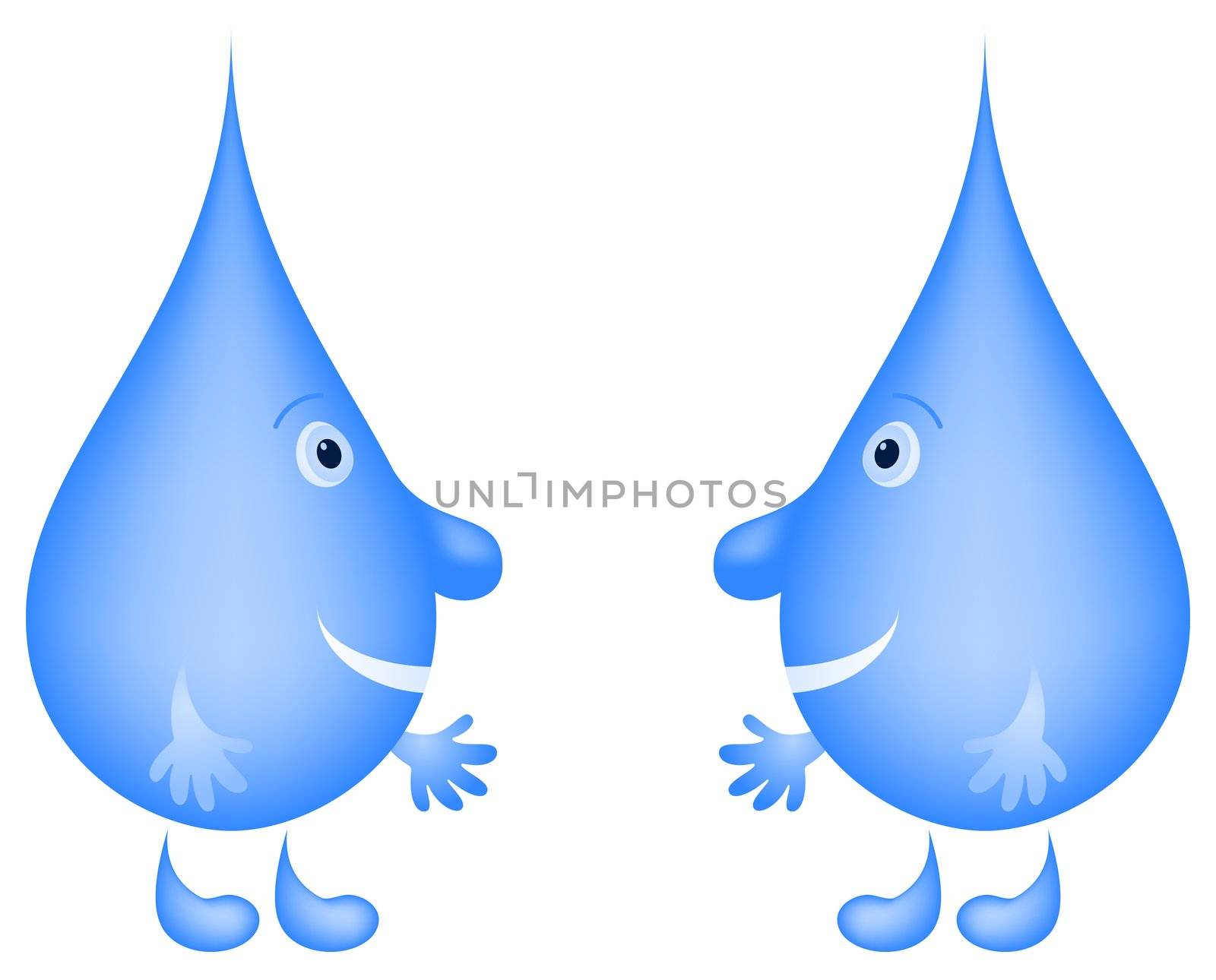 cartoon: cheerful water drops friends have met and stretch each other hands