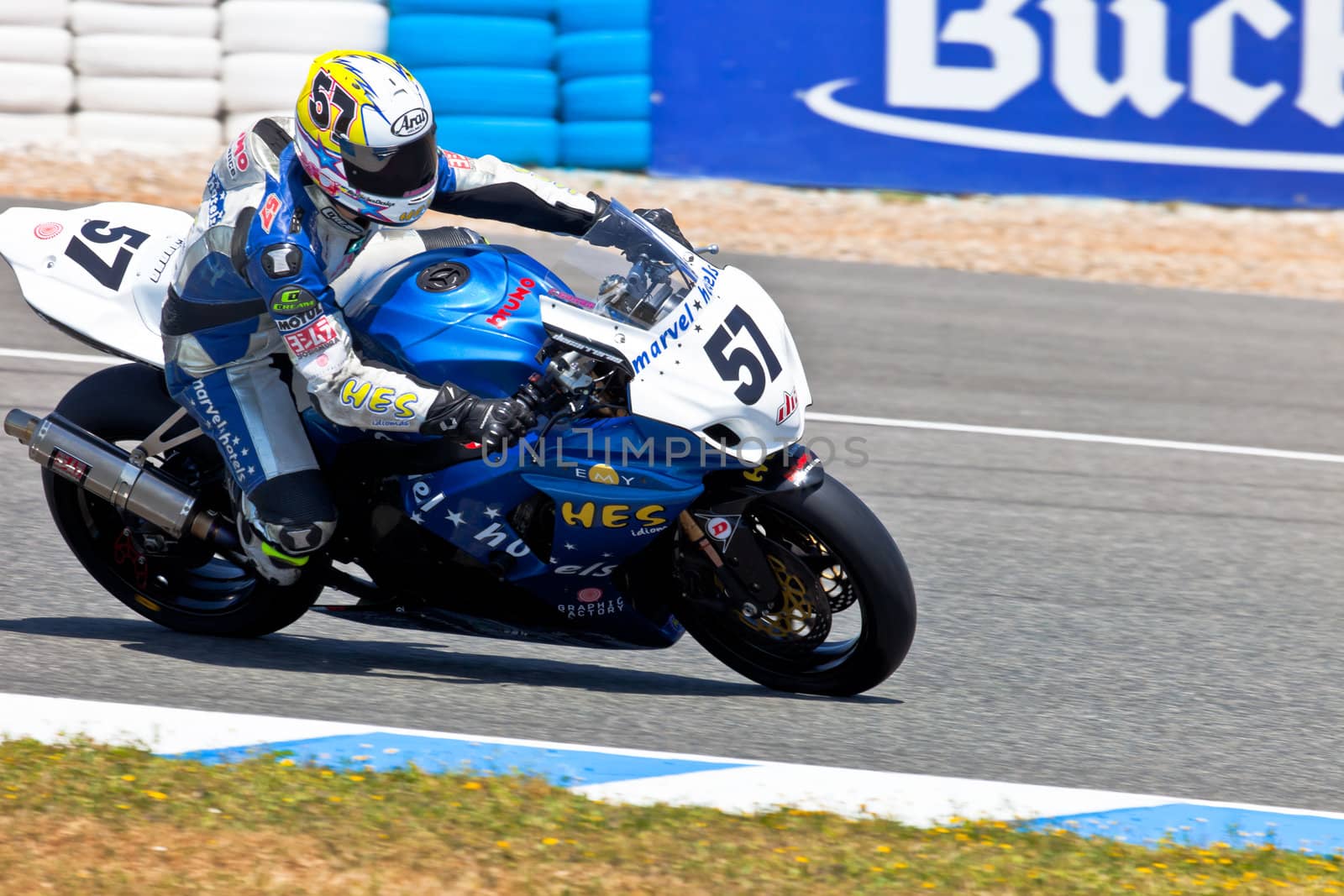 JEREZ DE LA FRONTERA, SPAIN - APR 17: Stock Extreme motorcyclist Ferran Casas takes a curve in the CEV Championship race on April 17, 2011 in Jerez de la Frontera, Spain