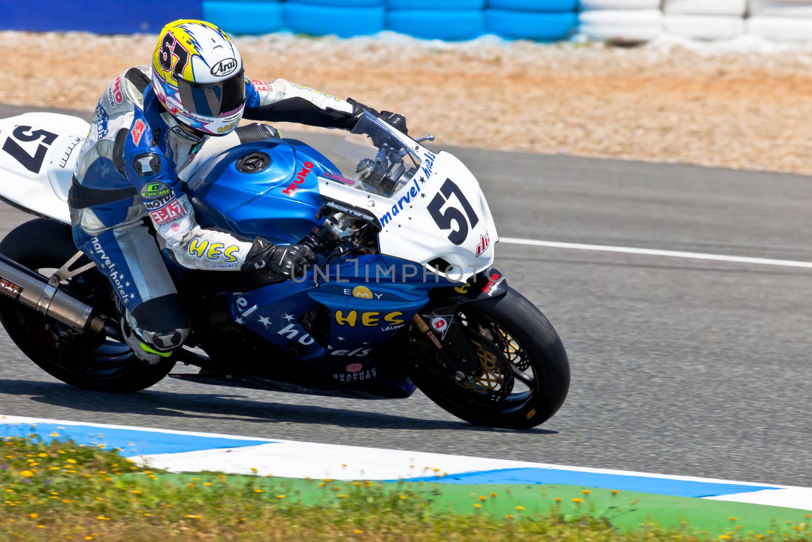 JEREZ DE LA FRONTERA, SPAIN - APR 17: Stock Extreme motorcyclist Ferran Casas takes a curve in the CEV Championship race on April 17, 2011 in Jerez de la Frontera, Spain