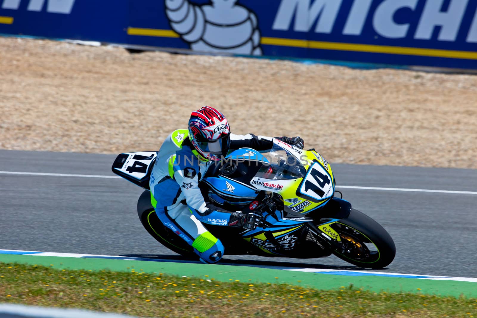 JEREZ DE LA FRONTERA, SPAIN - APR 17: Stock Extreme motorcyclist Alexandre Praud takes a curve in the CEV Championship race on April 17, 2011 in Jerez de la Frontera, Spain