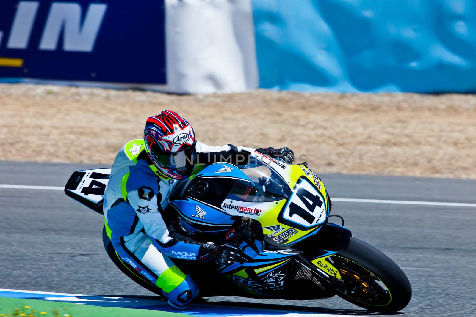 JEREZ DE LA FRONTERA, SPAIN - APR 17: Stock Extreme motorcyclist Alexandre Praud takes a curve in the CEV Championship race on April 17, 2011 in Jerez de la Frontera, Spain