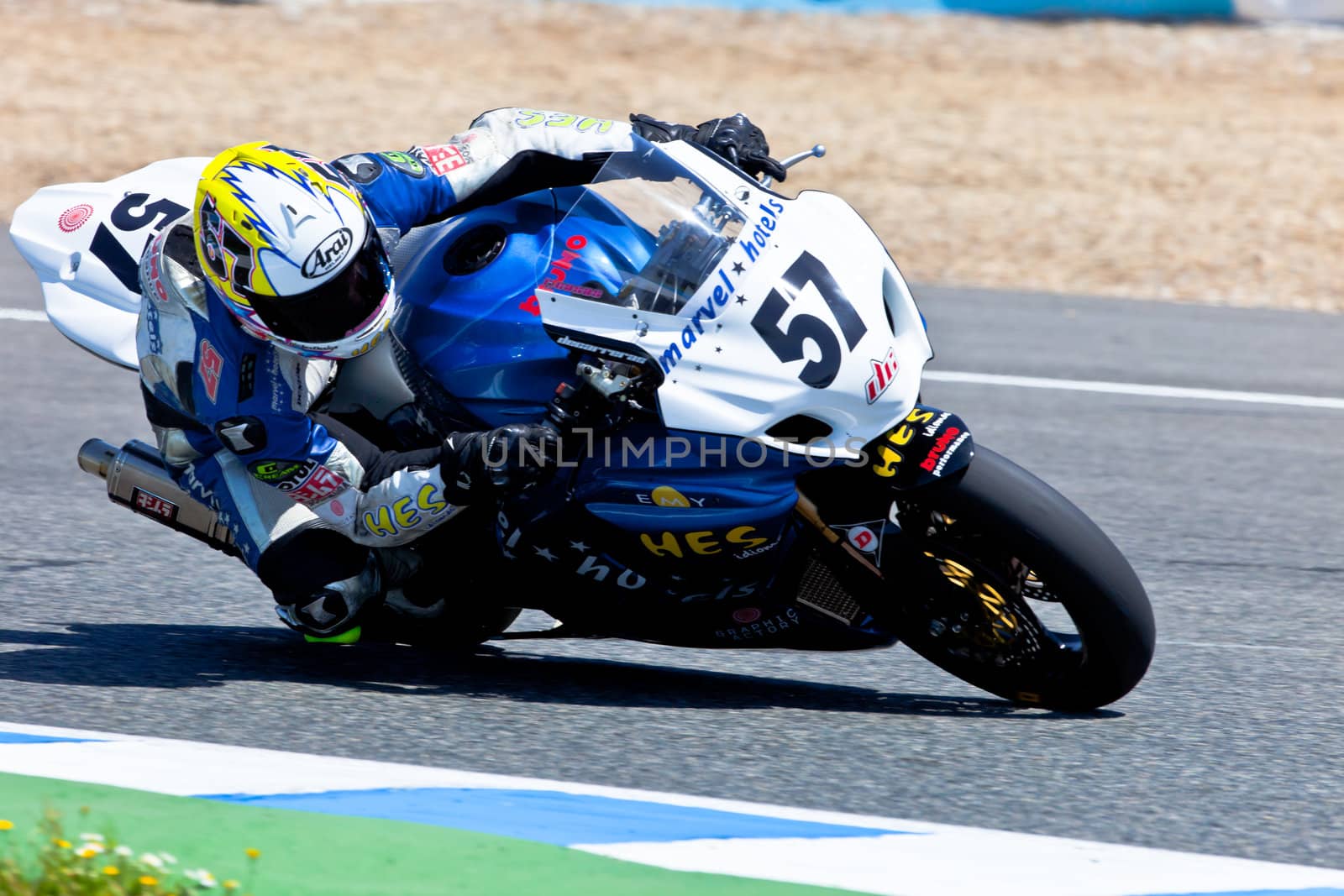 JEREZ DE LA FRONTERA, SPAIN - APR 17: Stock Extreme motorcyclist Ferran Casas takes a curve in the CEV Championship race on April 17, 2011 in Jerez de la Frontera, Spain