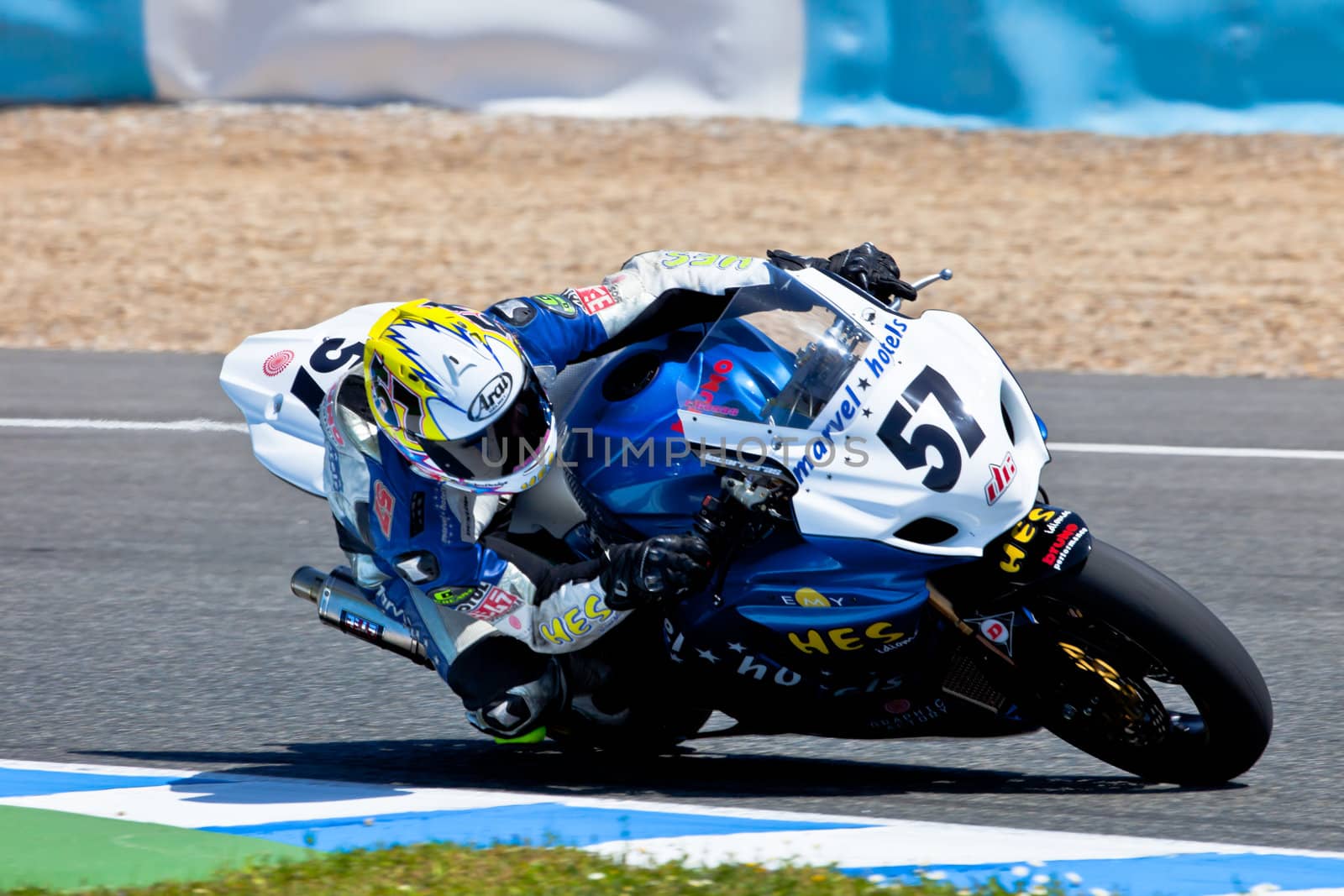 JEREZ DE LA FRONTERA, SPAIN - APR 17: Stock Extreme motorcyclist Ferran Casas takes a curve in the CEV Championship race on April 17, 2011 in Jerez de la Frontera, Spain