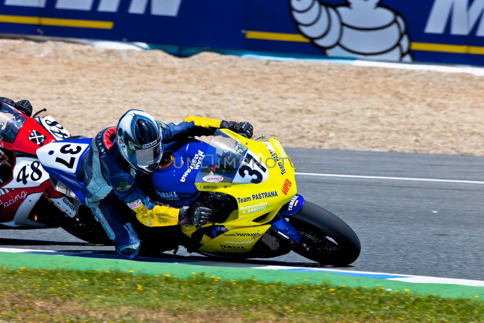 JEREZ DE LA FRONTERA, SPAIN - APR 17: Stock Extreme motorcyclist Jorge Arroyo takes a curve in the CEV Championship race on April 17, 2011 in Jerez de la Frontera, Spain