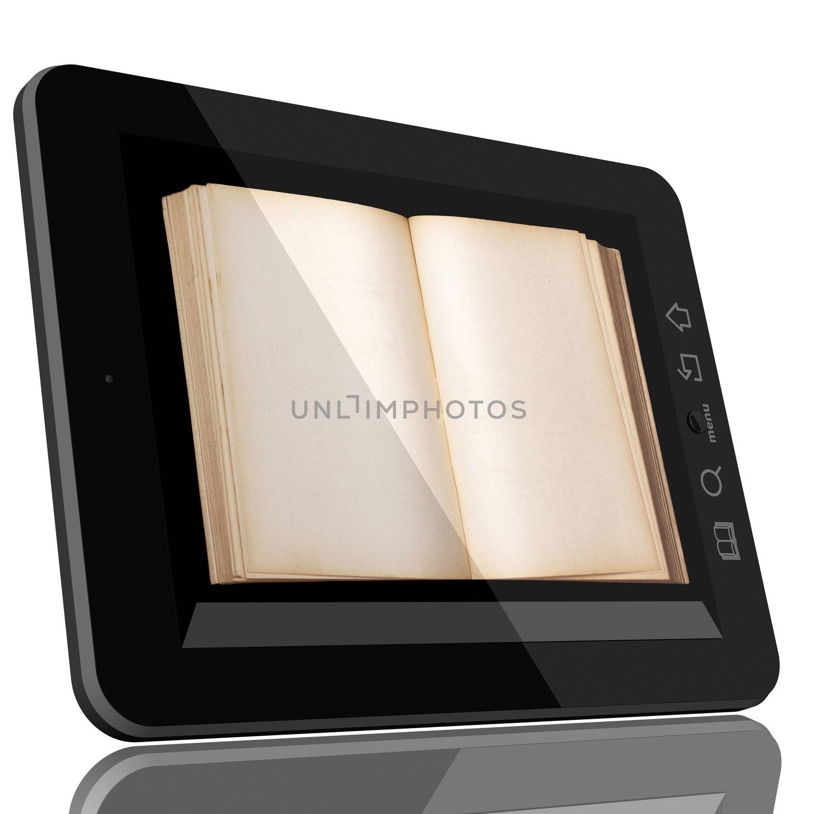 Book and teblet computer 3D model isolated on white, digital library concept