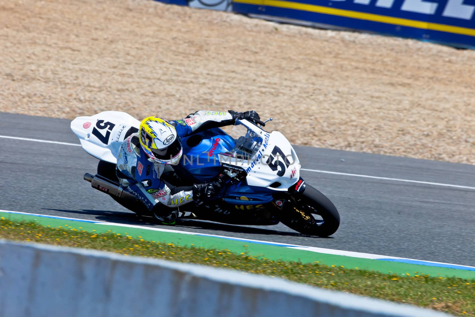 JEREZ DE LA FRONTERA, SPAIN - APR 17: Stock Extreme motorcyclist Ferran Casas takes a curve in the CEV Championship race on April 17, 2011 in Jerez de la Frontera, Spain