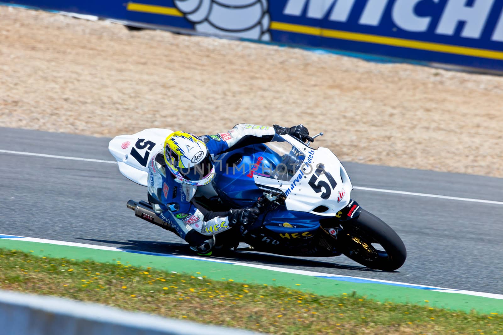 JEREZ DE LA FRONTERA, SPAIN - APR 17: Stock Extreme motorcyclist Ferran Casas takes a curve in the CEV Championship race on April 17, 2011 in Jerez de la Frontera, Spain