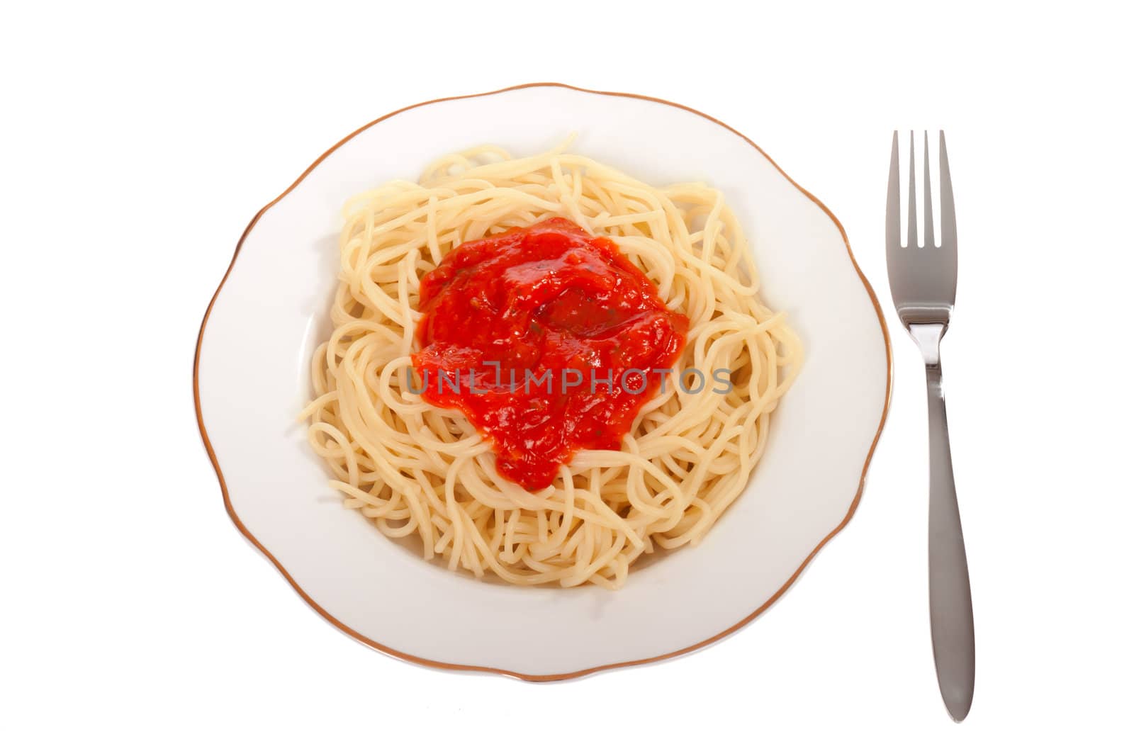 Spaghetti with sauce, photo on the white background