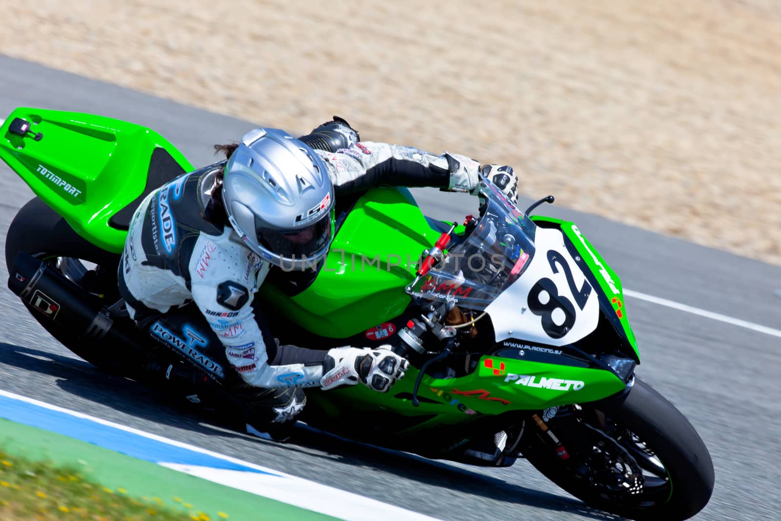 JEREZ DE LA FRONTERA, SPAIN - APR 17: Stock Extreme motorcyclist Elena Rosell takes a curve in the CEV Championship race on April 17, 2011 in Jerez de la Frontera, Spain
