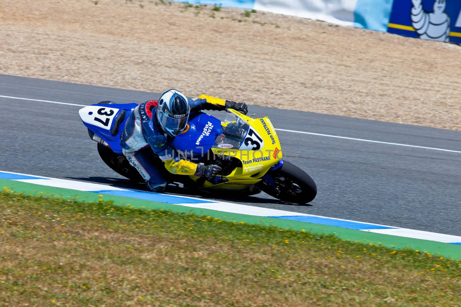 JEREZ DE LA FRONTERA, SPAIN - APR 17: Stock Extreme motorcyclist Jorge Arroyo takes a curve in the CEV Championship race on April 17, 2011 in Jerez de la Frontera, Spain