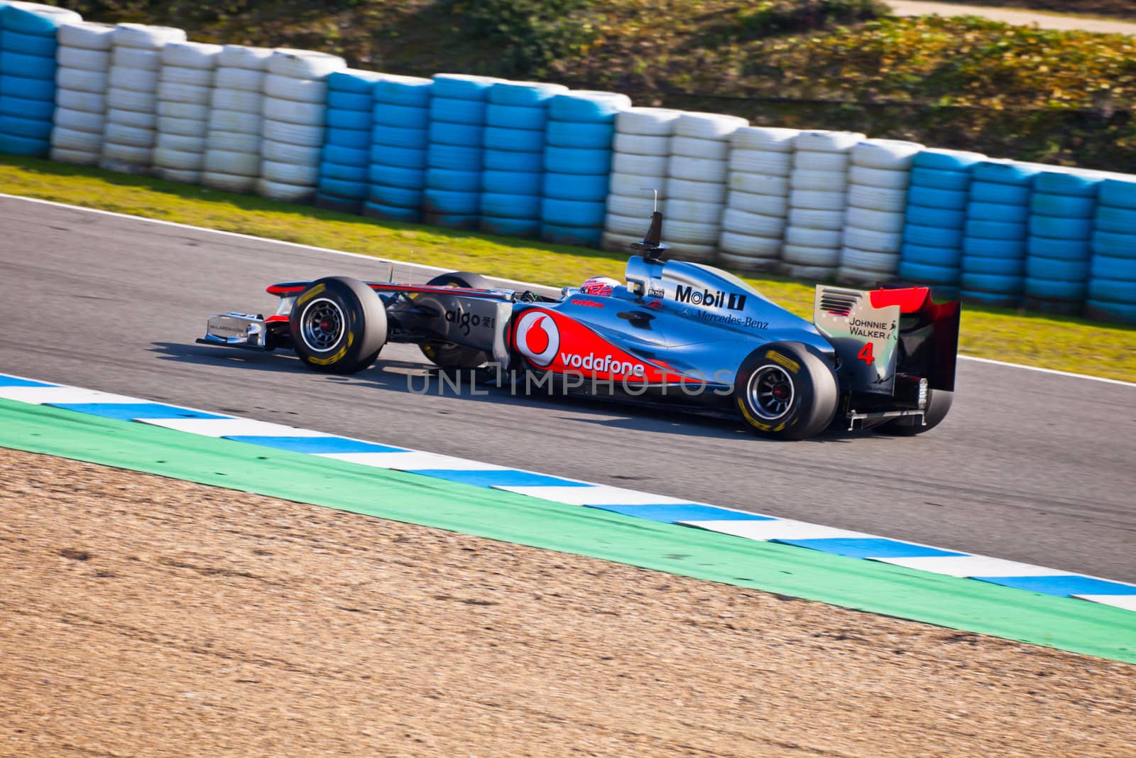 JEREZ DE LA FRONTERA, SPAIN - FEB 11: Jenson Button of McLaren F1  races on training session on February 11 , 2011, in Jerez de la Frontera , Spain