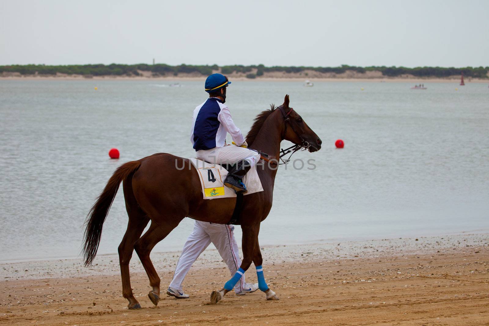 SANLUCAR DE BARRAMEDA, CADIZ, SPAIN - AUGUST 07: Unidentified rider at the start of race horses on Sanlucar de Barrameda beach on  August 07, 2010 in Sanlucar de Barrameda, Cadiz, Spain.
