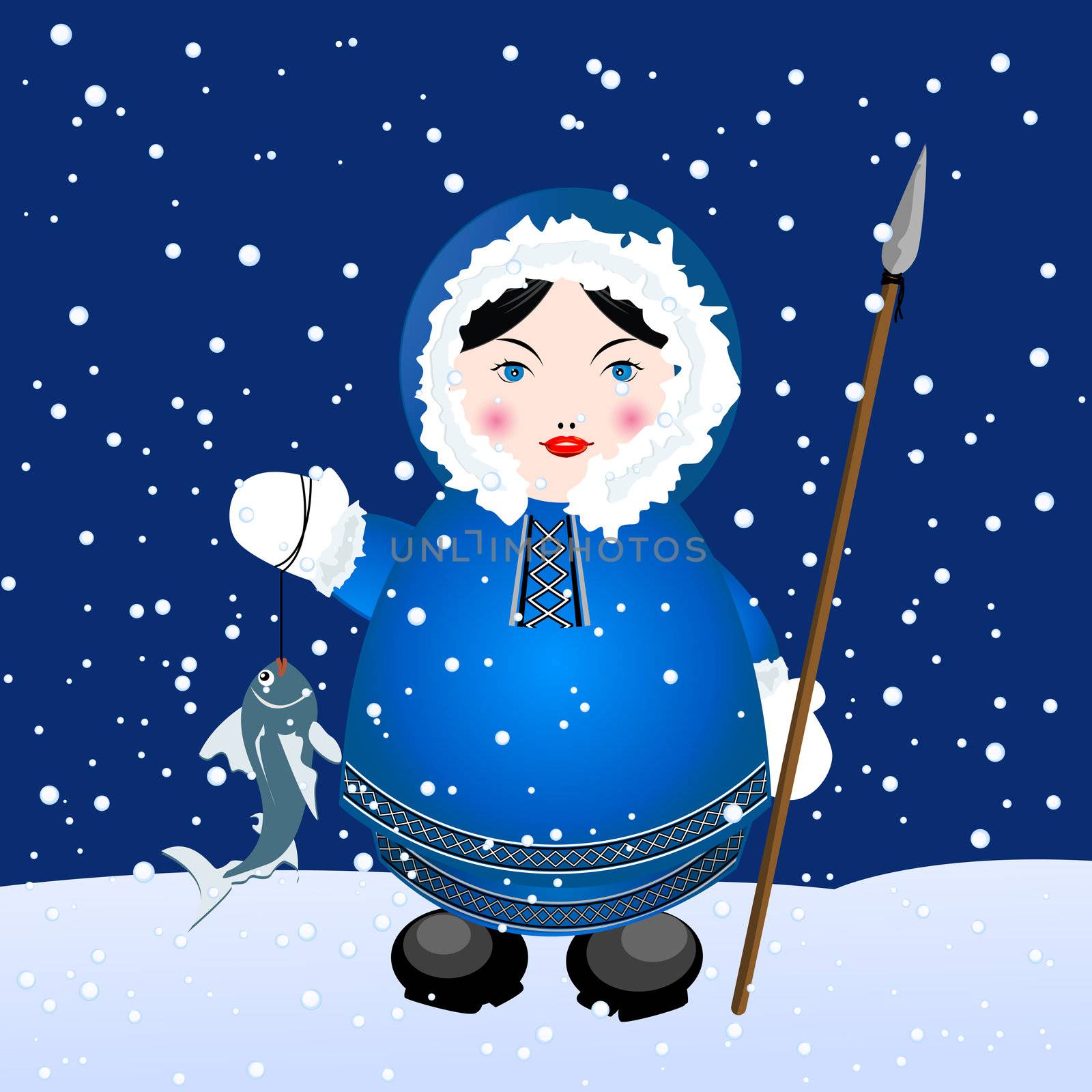 Cartoon eskimo girl with spear and caught fish over a snowing winter background