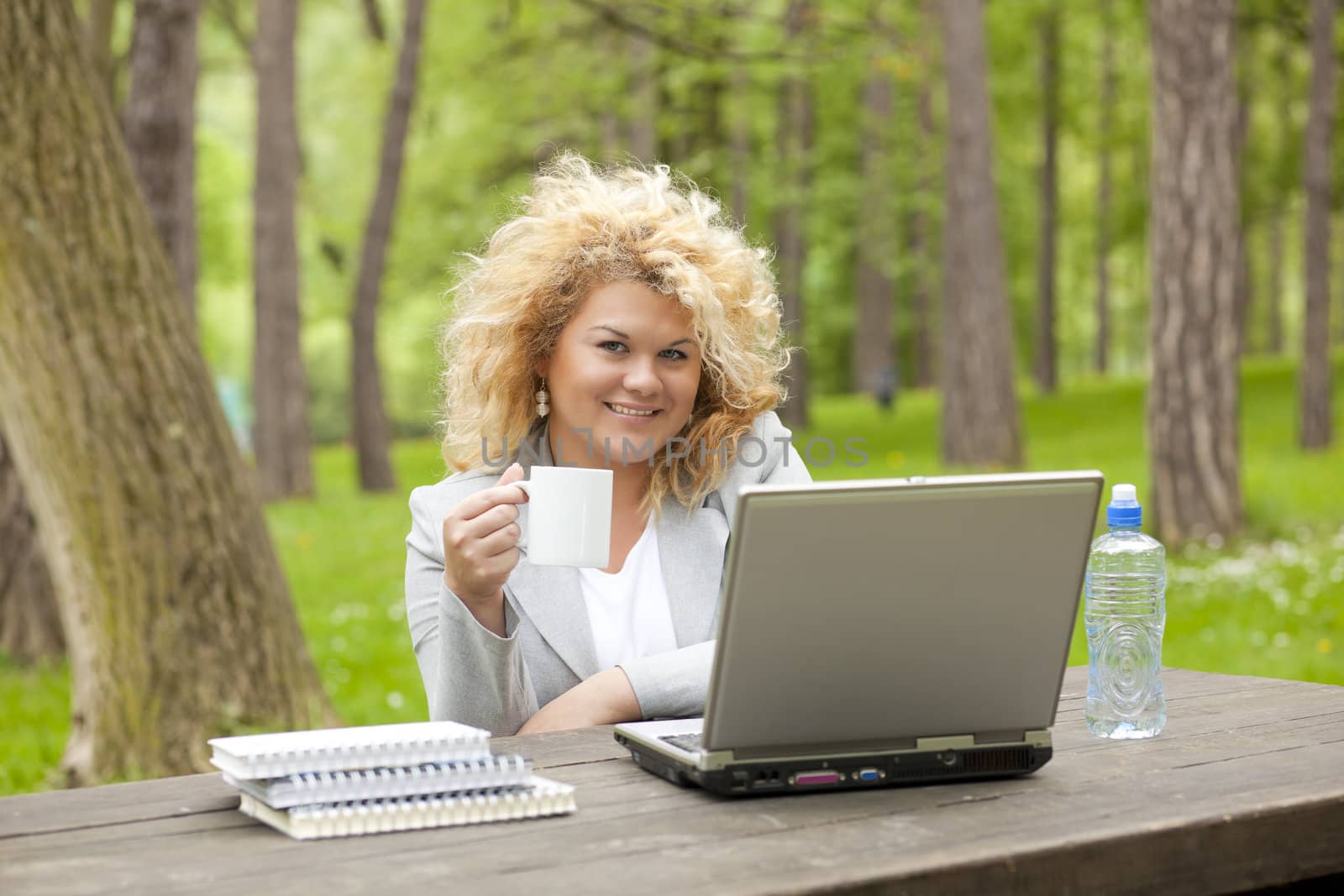 Woman using laptop in park by adamr