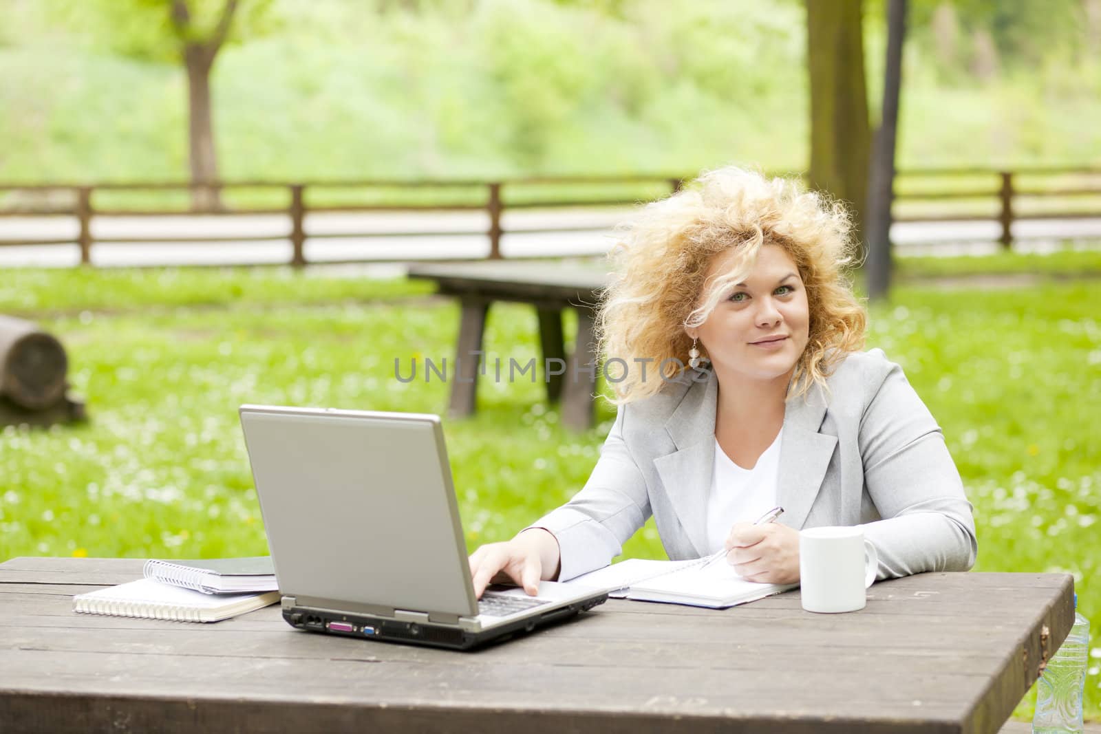 Woman using laptop in park by adamr