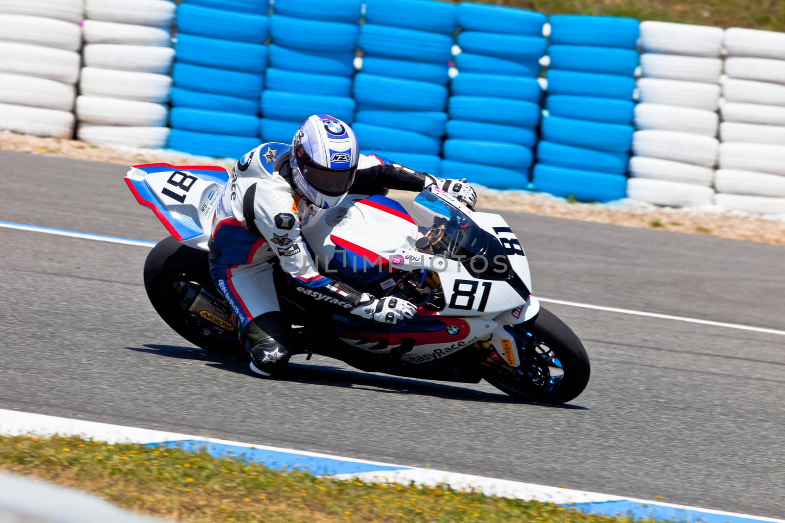 JEREZ DE LA FRONTERA, SPAIN - APR 17: Stock Extreme motorcyclist Eduardo Salvador takes a curve in the CEV Championship race on April 17, 2011 in Jerez de la Frontera, Spain