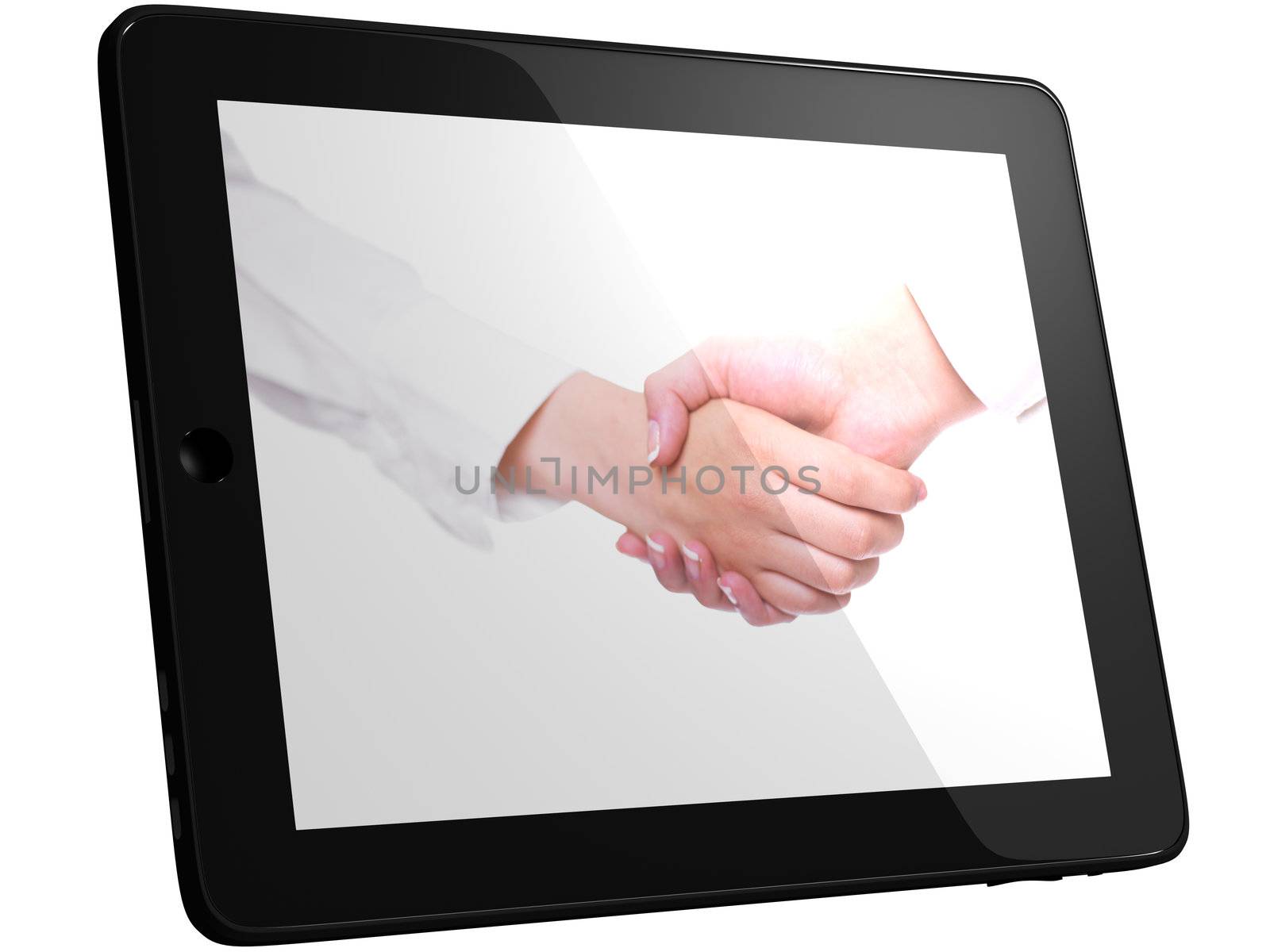 People in white handshaking on Tablet by adamr