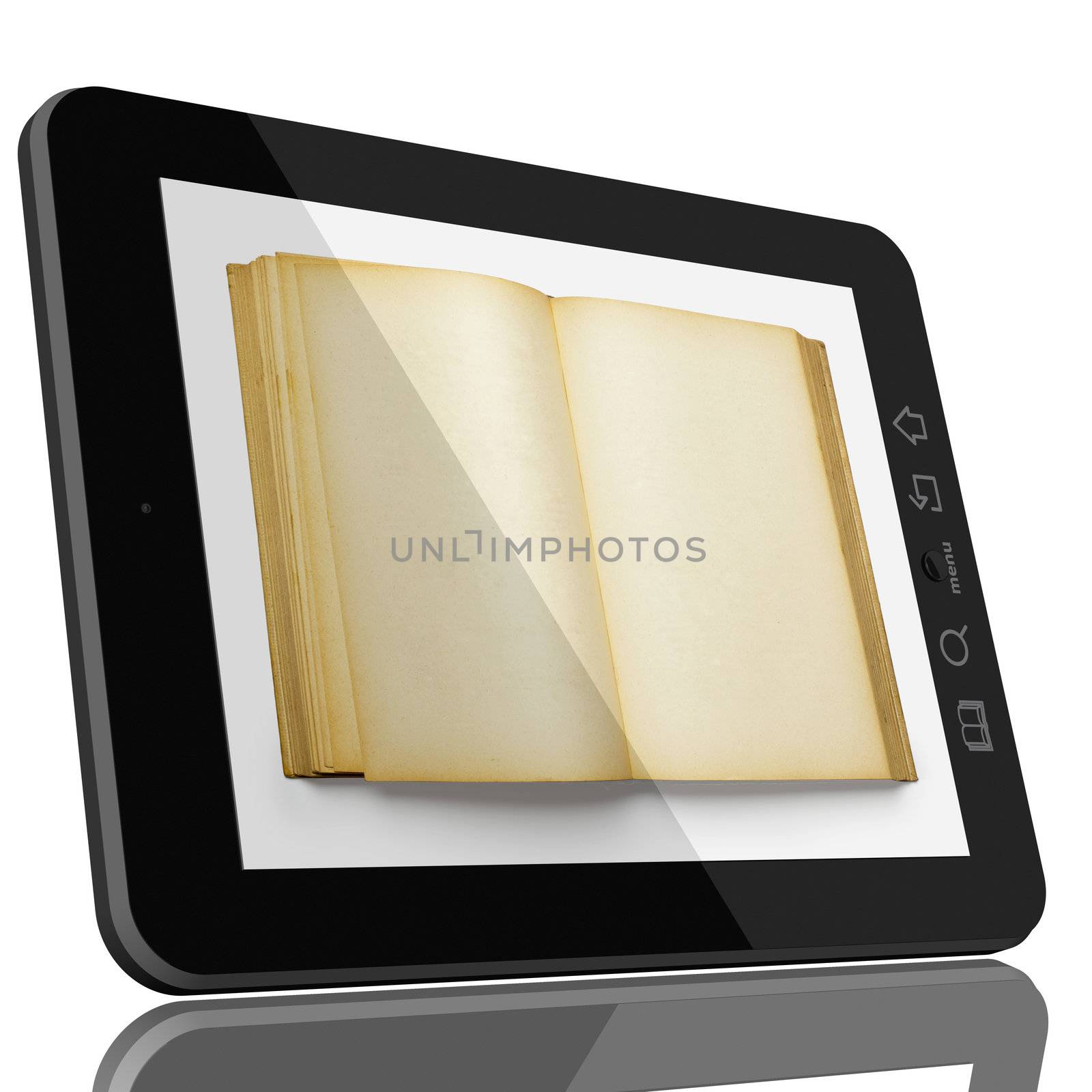 Book and teblet computer 3D model isolated on white, digital library concept