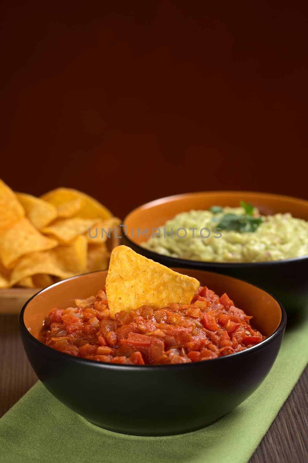 Tomato salsa with a nacho in it and guacamole sauce in the back (Selective Focus, Focus on the nacho in the tomato salsa)