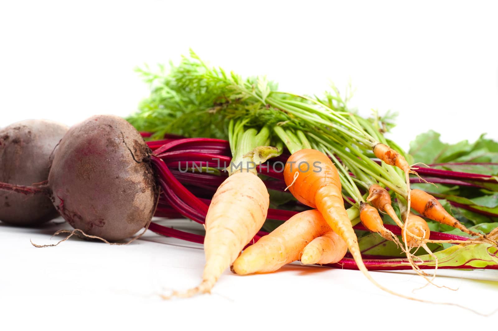 Shot of young beet and carrot isolated on white