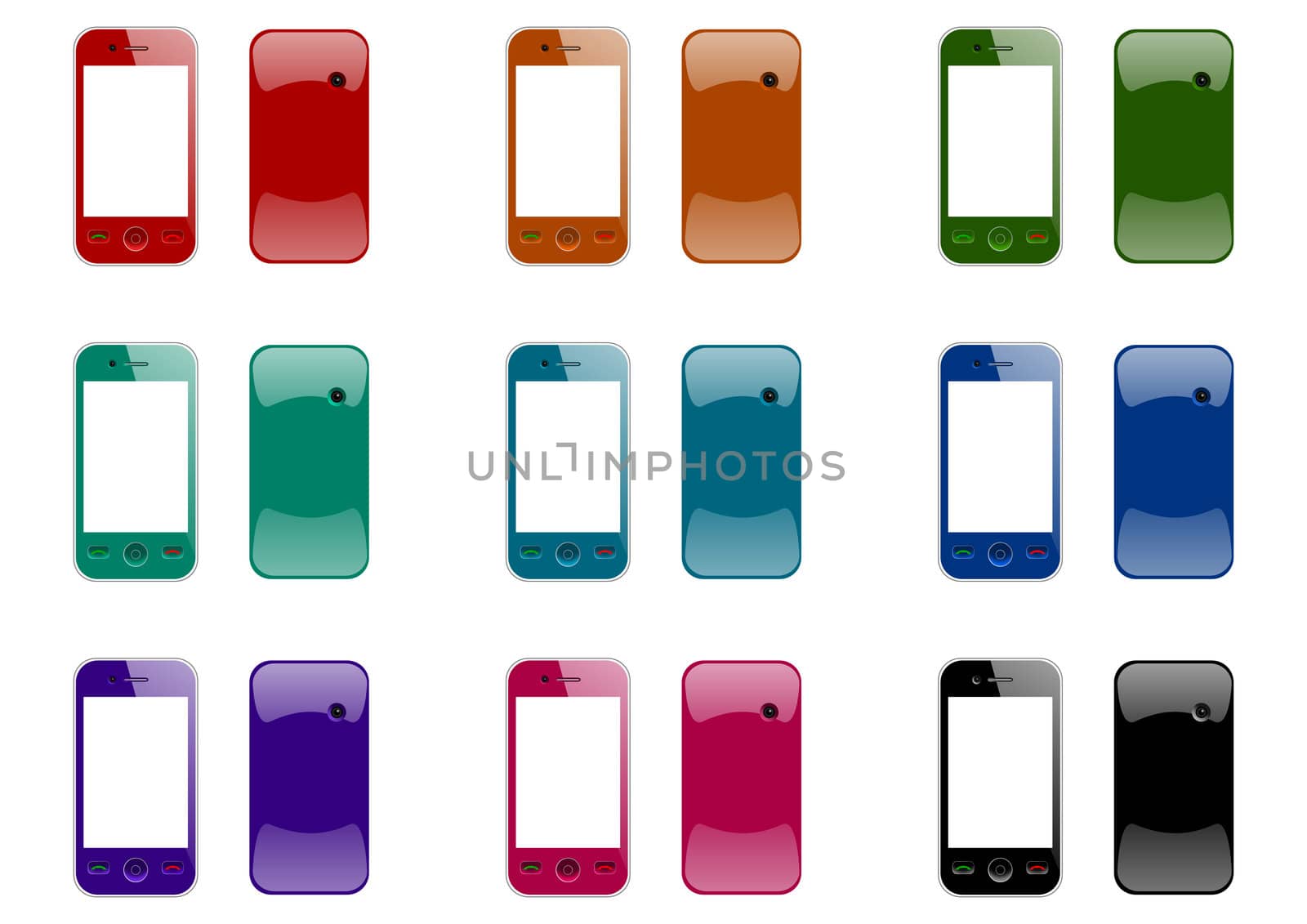 mobile phones front and back in nine colors