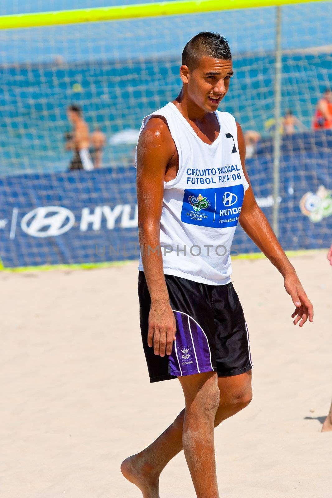 CADIZ, SPAIN -  JUL 22:  Unknown player of unknown team playing the Spanish Championship of Beach Soccer on Jul 22, 2006 on the beach of La Victoria in Cadiz, Spain