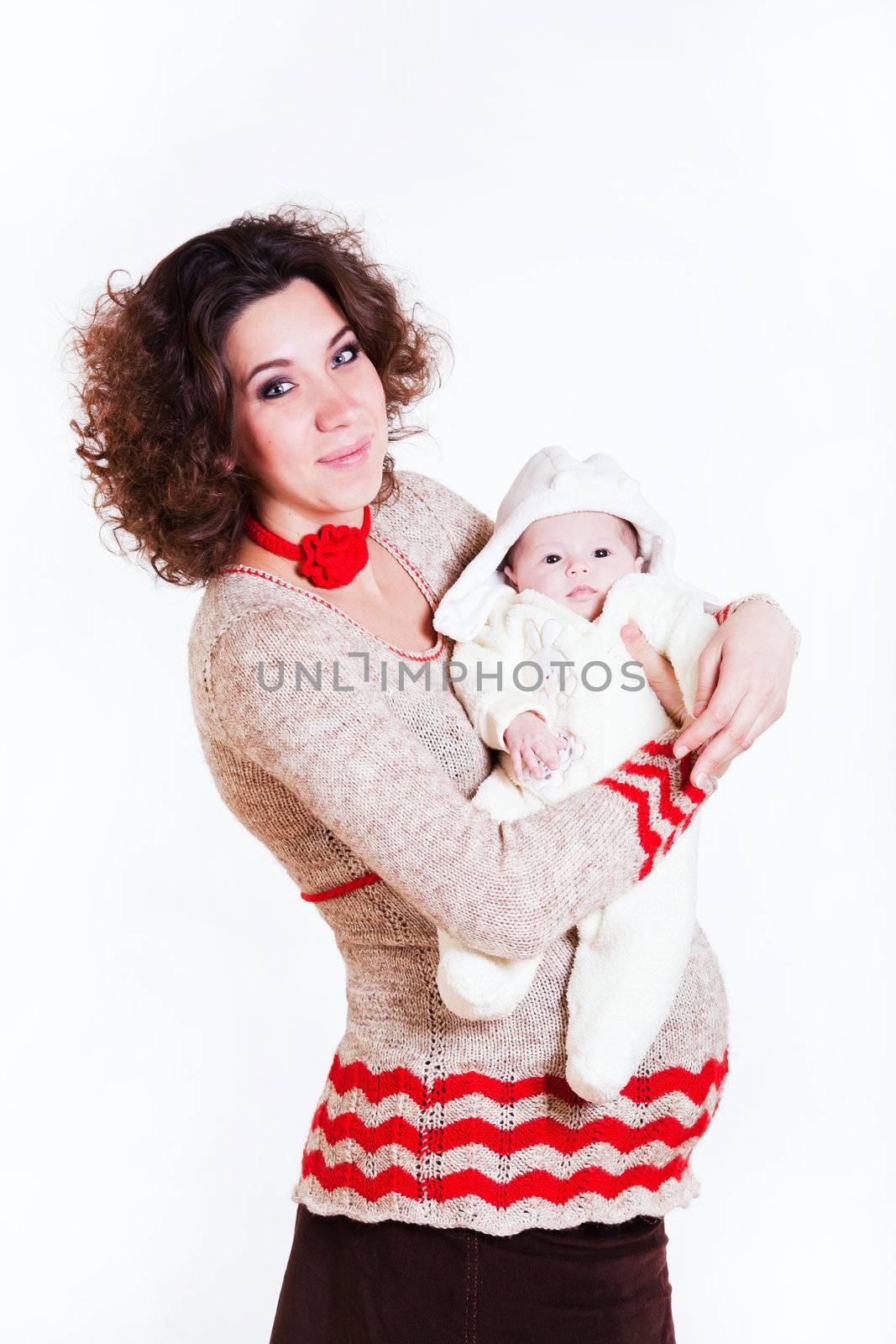 beautiful pregnant woman in a sweater with baby isolated on white background