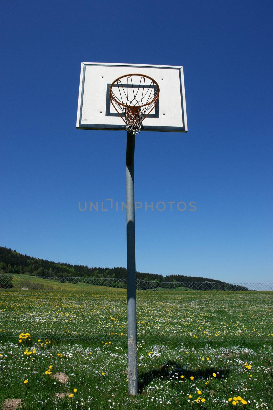 basketball basket against blue sky on a sunny day