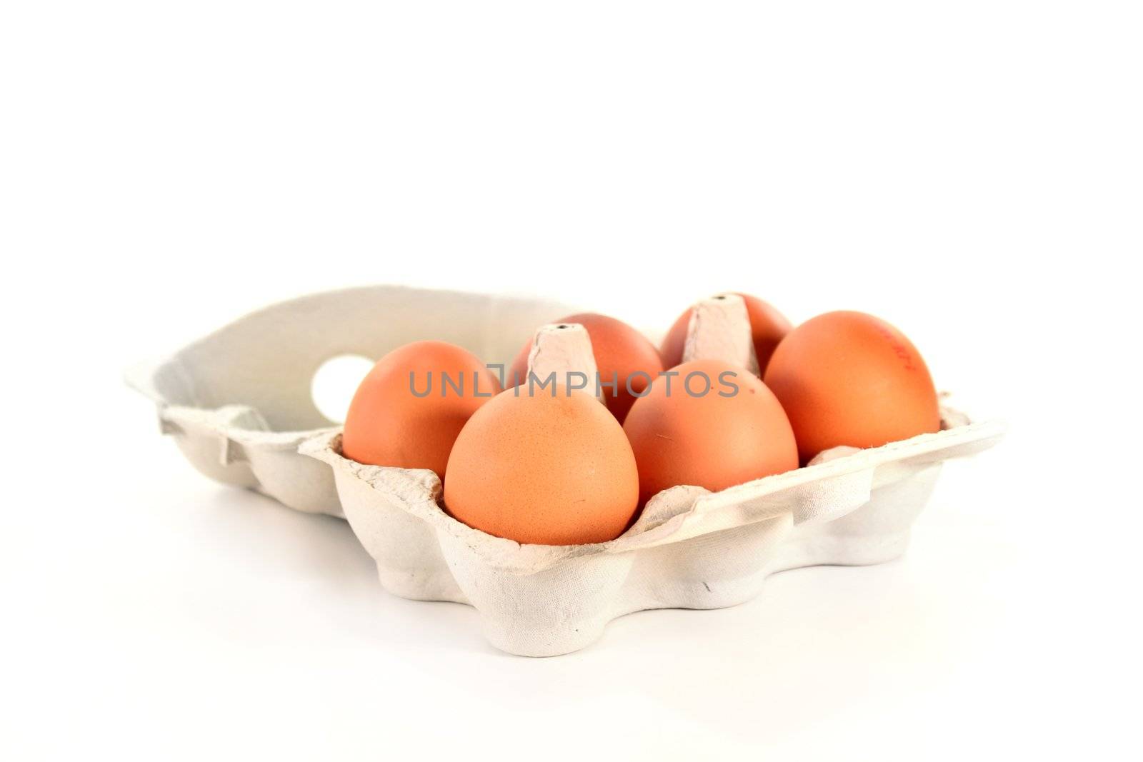six eggs in an egg carton on a white background
