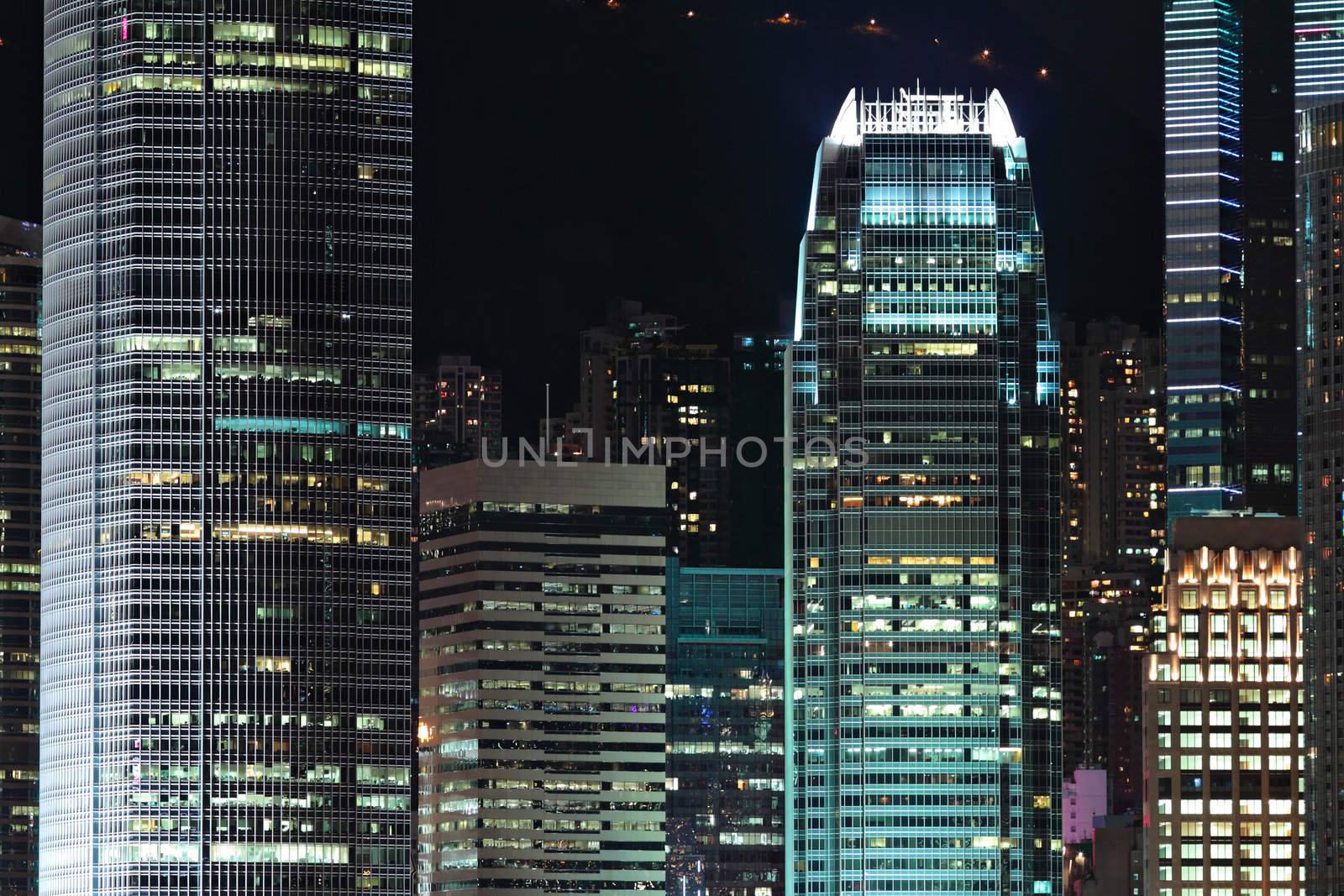 business buildings at night in Hong Kong