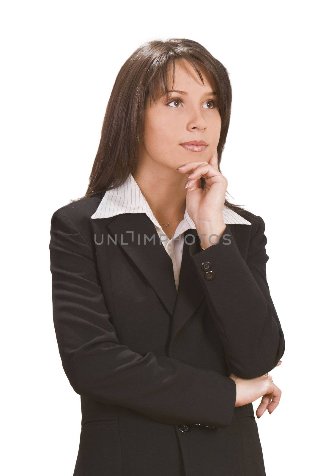 Image of a young business woman thinking agaisnt a white background.Shot with Canon 70-200mm f/2.8L IS USM