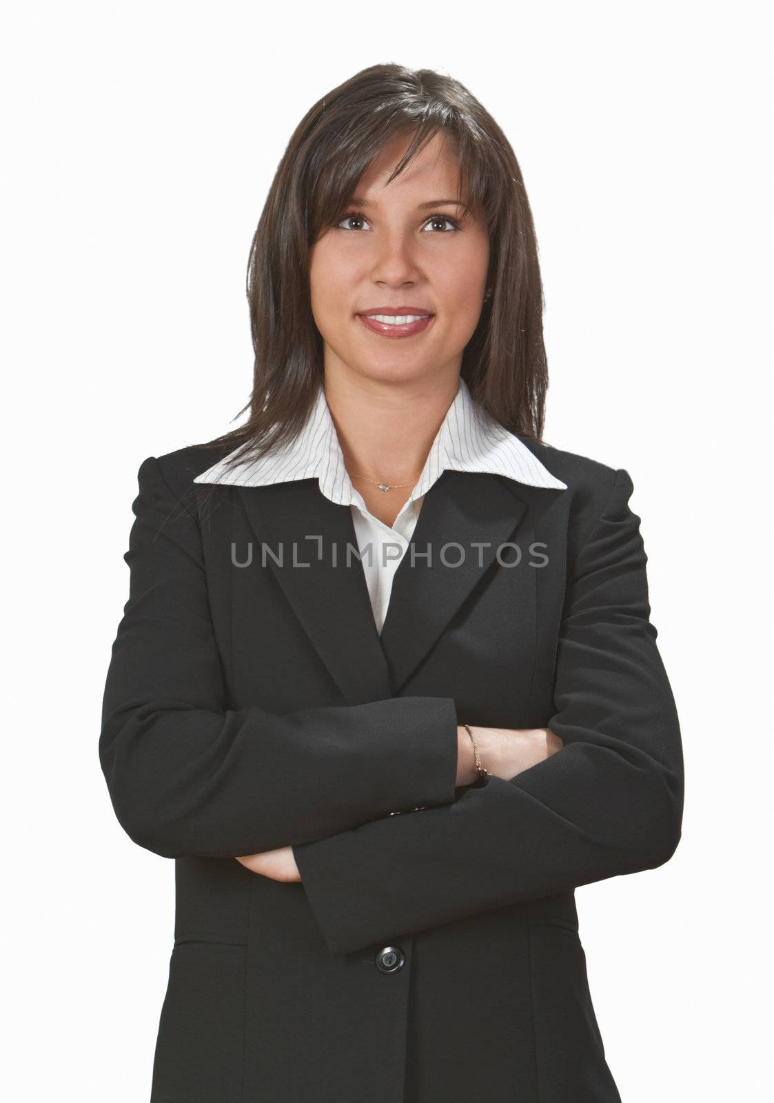 Portrait of a smiling businesswoman against a white background.Shot with Canon 70-200mm f/2.8L IS USM