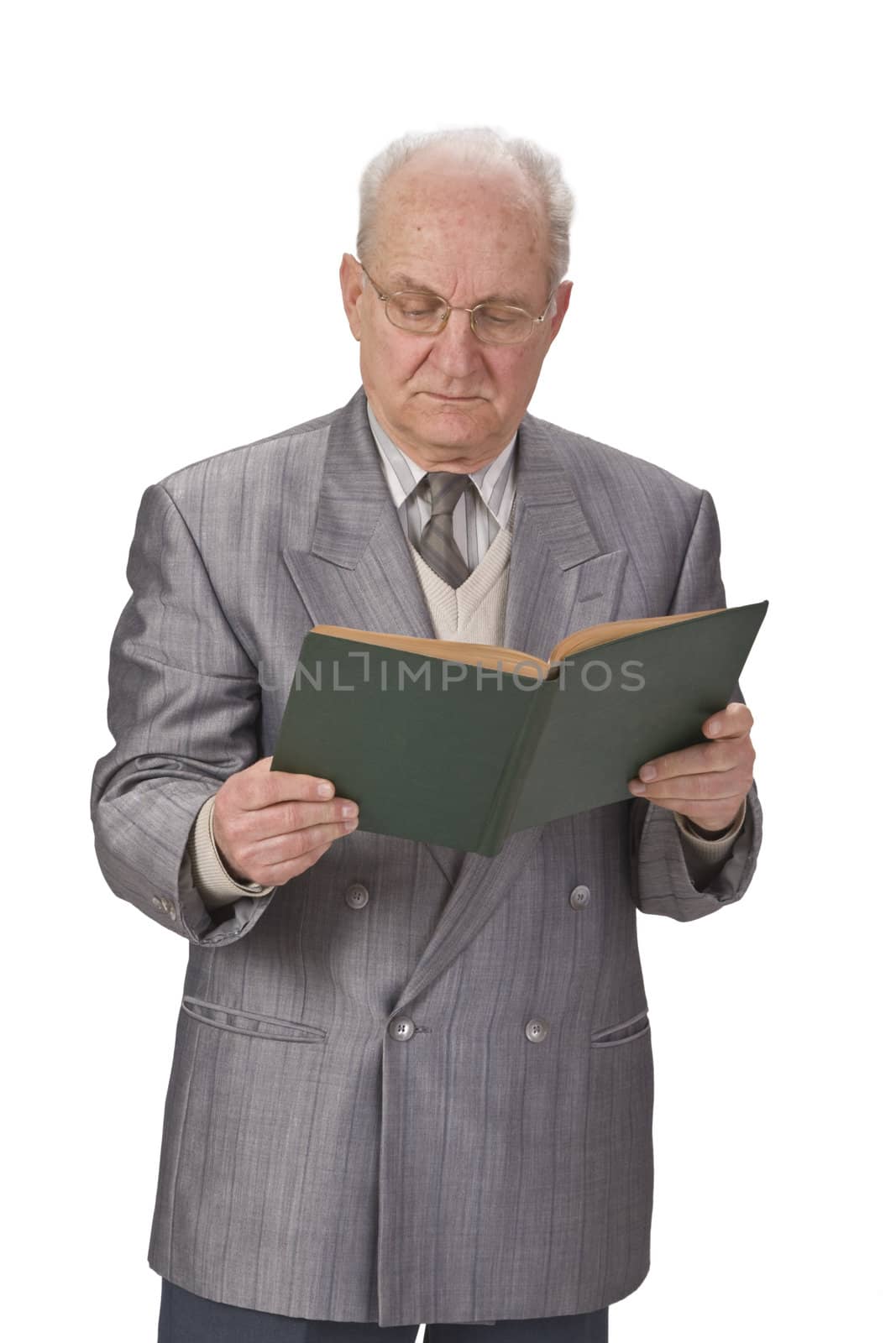 Image of a senior man reading a book against a white background.
